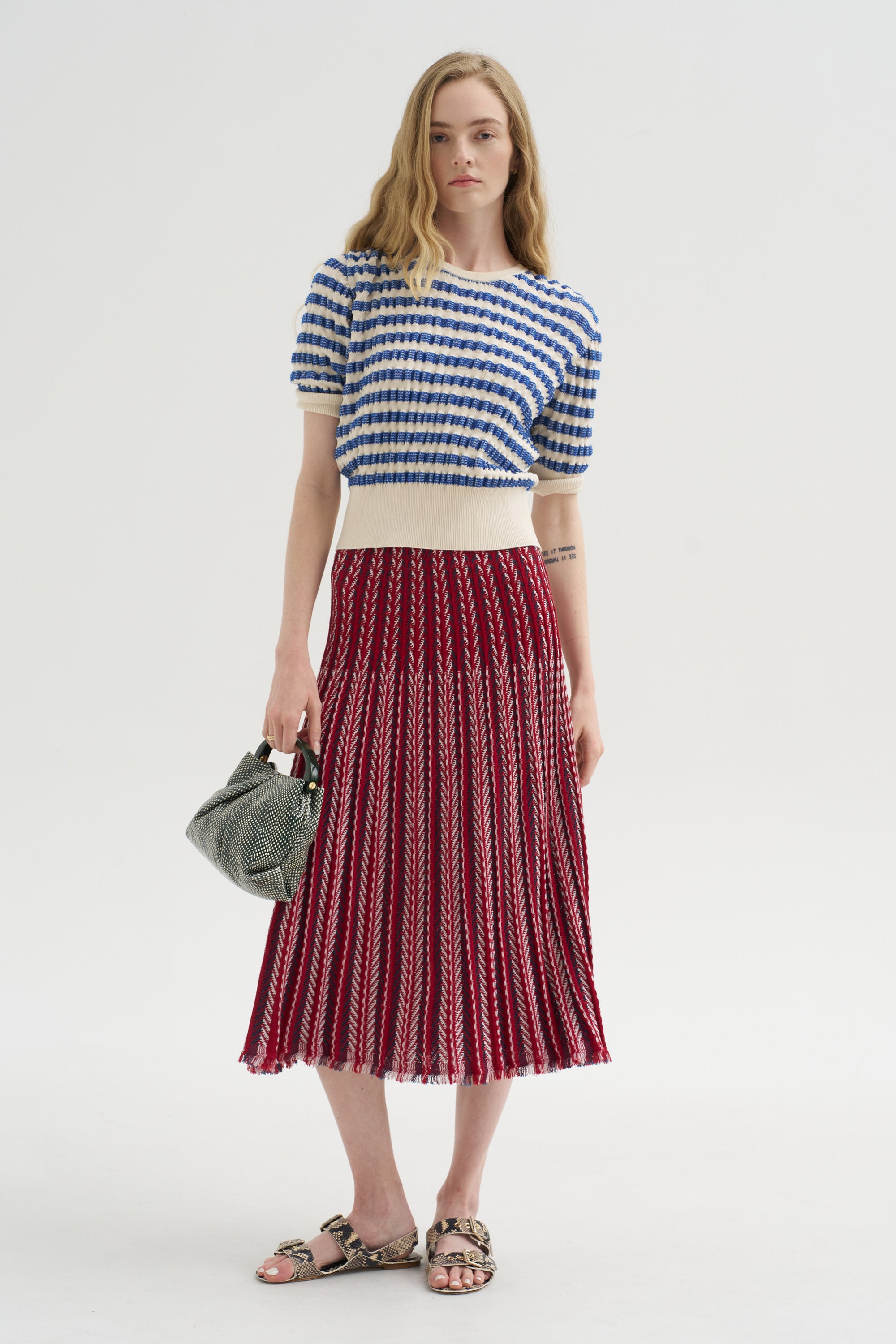 Encore - Fluid Skirt in Herringbone Knit, Garnet-Blueberry-Milk