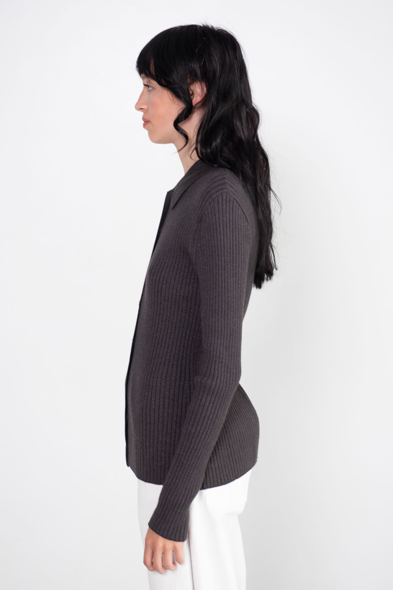 MIJEONG PARK - Collared Ribbed Cardigan, Charcoal