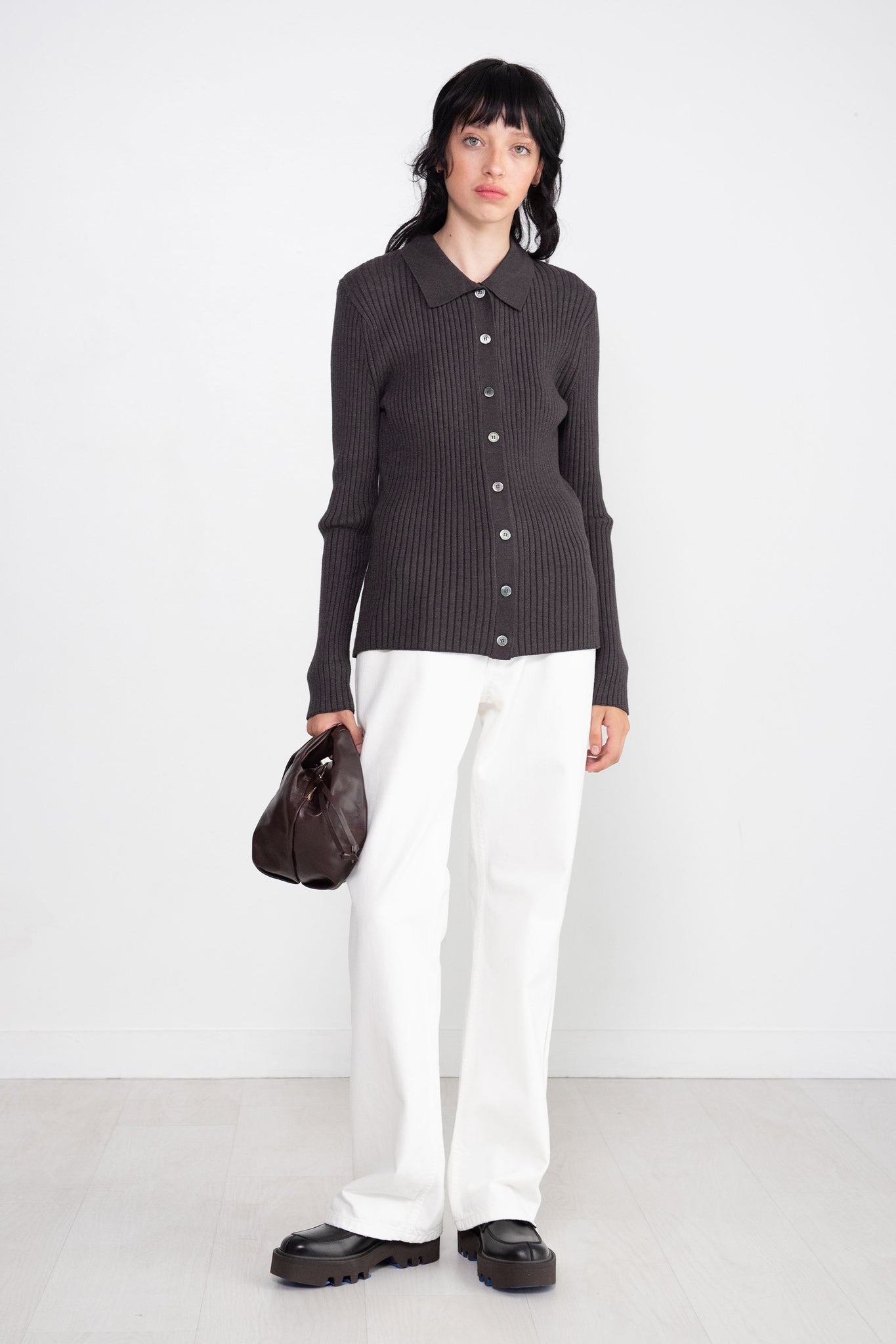 MIJEONG PARK - Collared Ribbed Cardigan, Charcoal