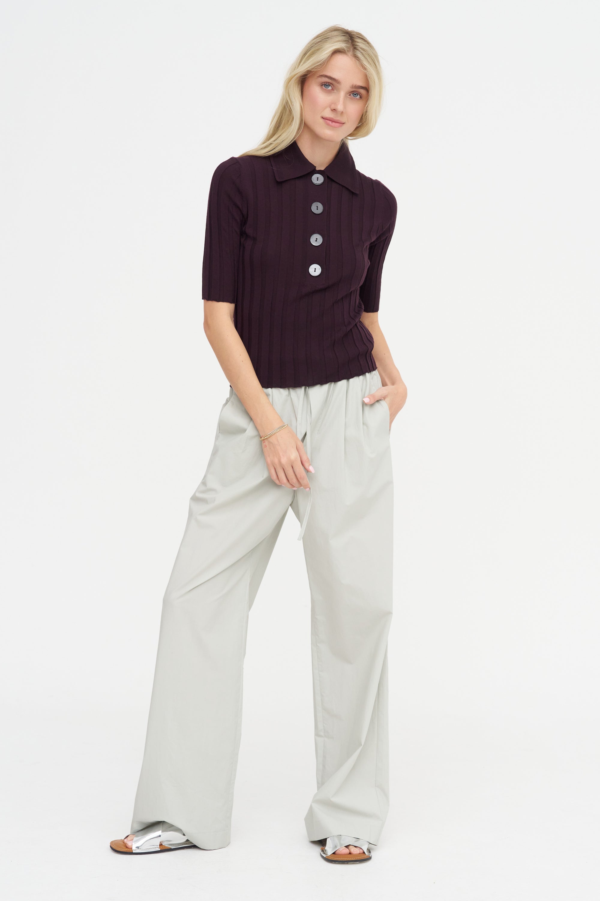 Sugarman Short-Sleeve Polo Knit, Bitter Cherry