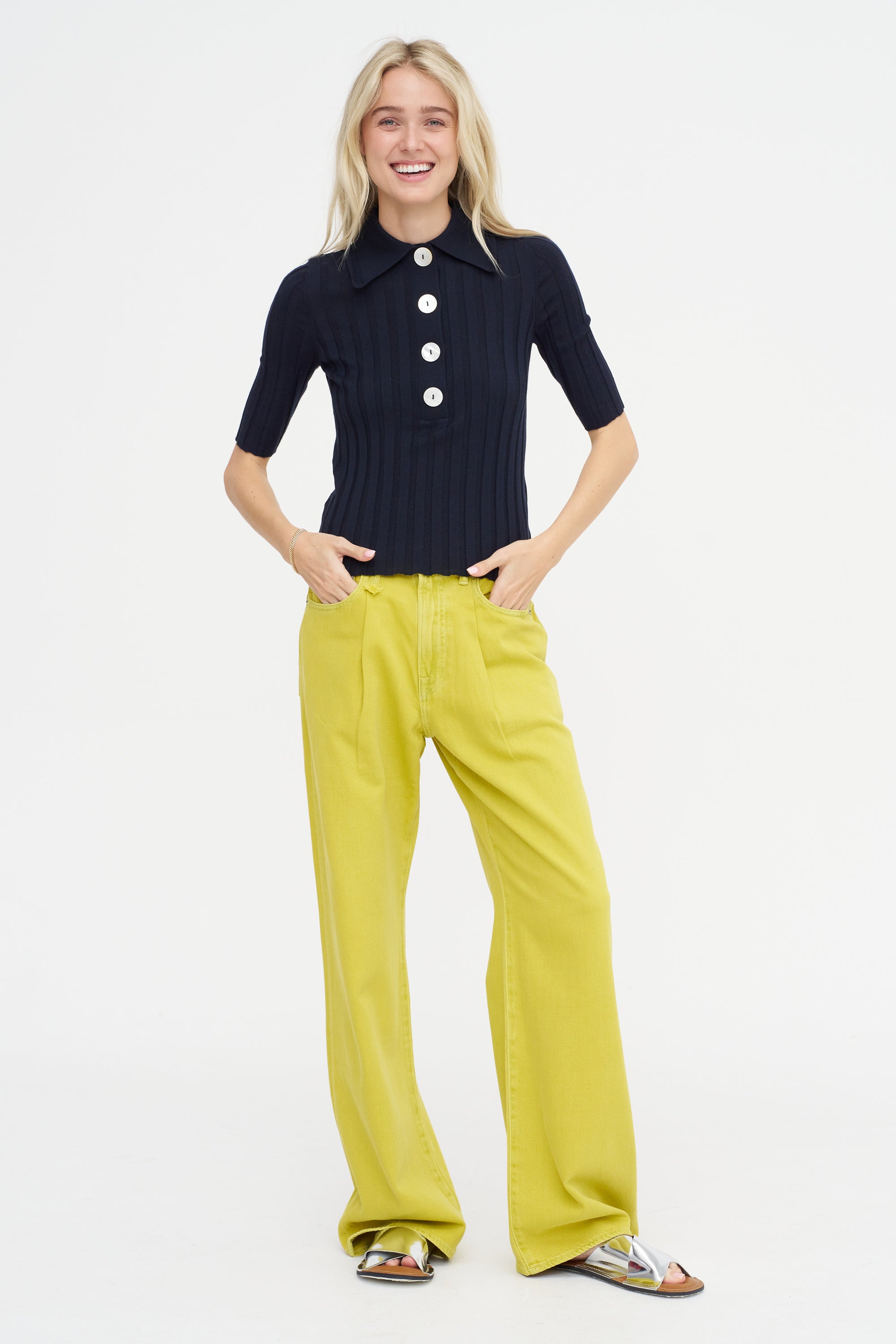 Sugarman Short-Sleeve Polo Knit Top, Noir Navy