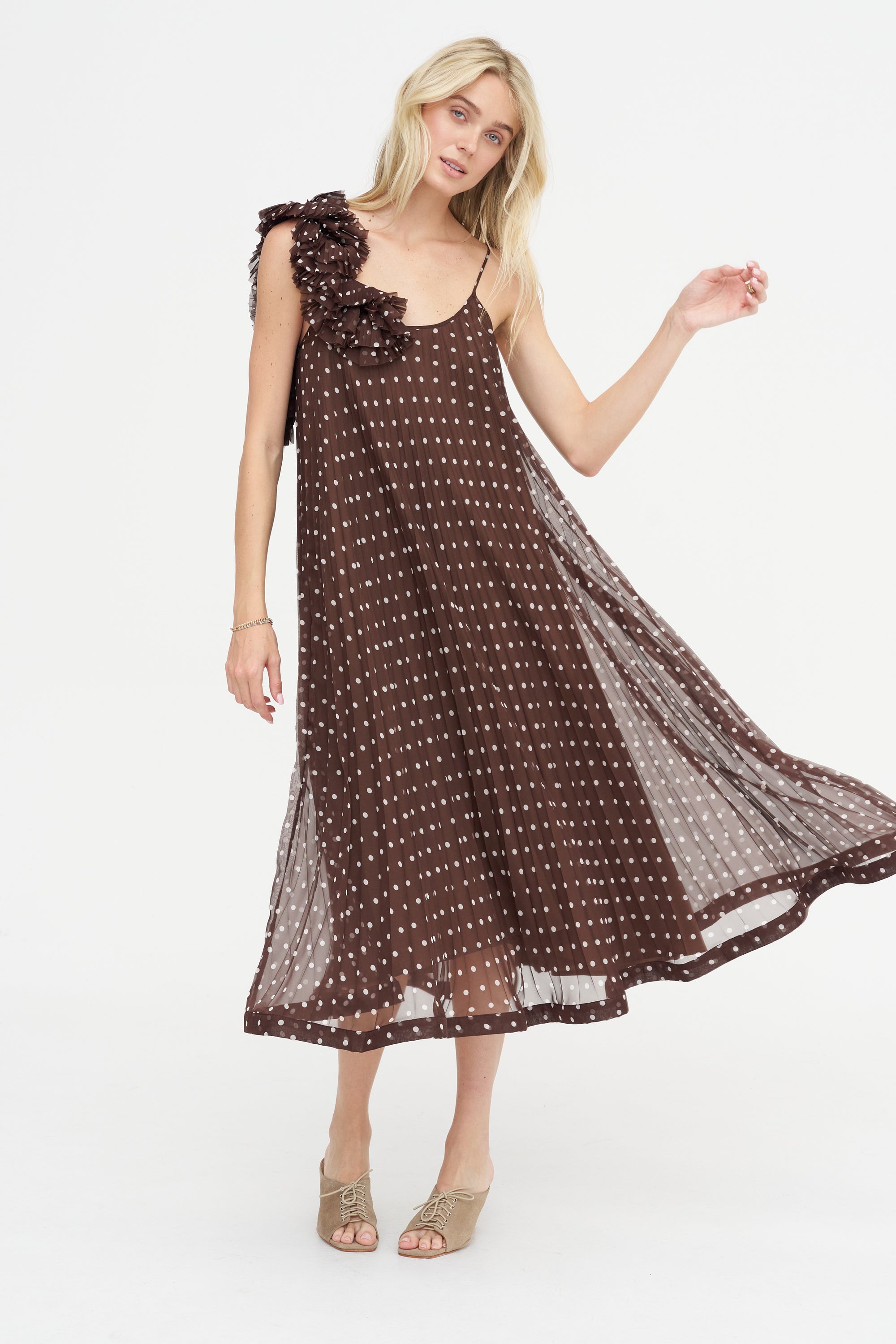 dissh brown polka dot dress Dissh Beverly Polka-Dot Linen Midi Dress in Brown
