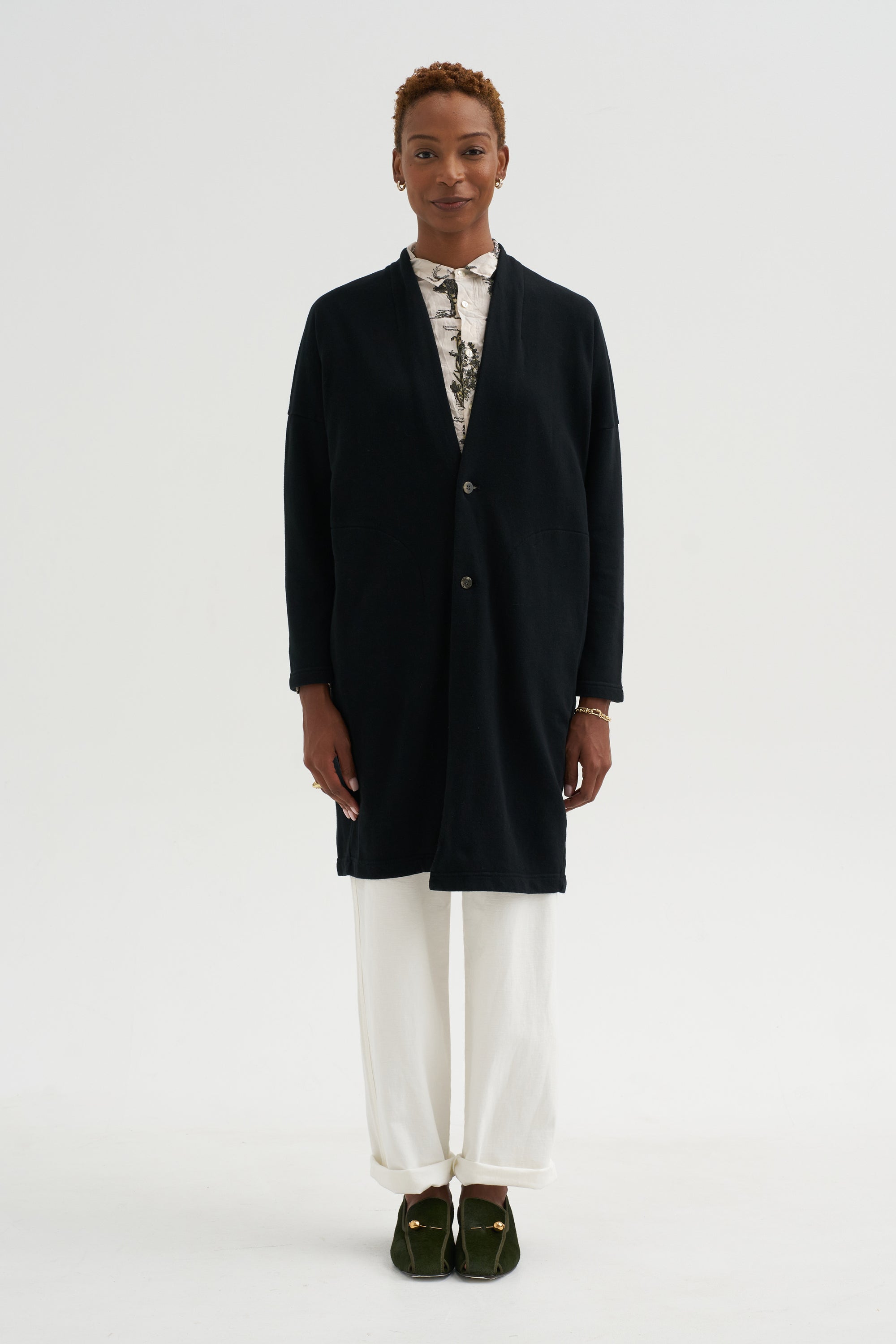 Cloud Jersey - Cotton French Terry Long Cardigan, Black