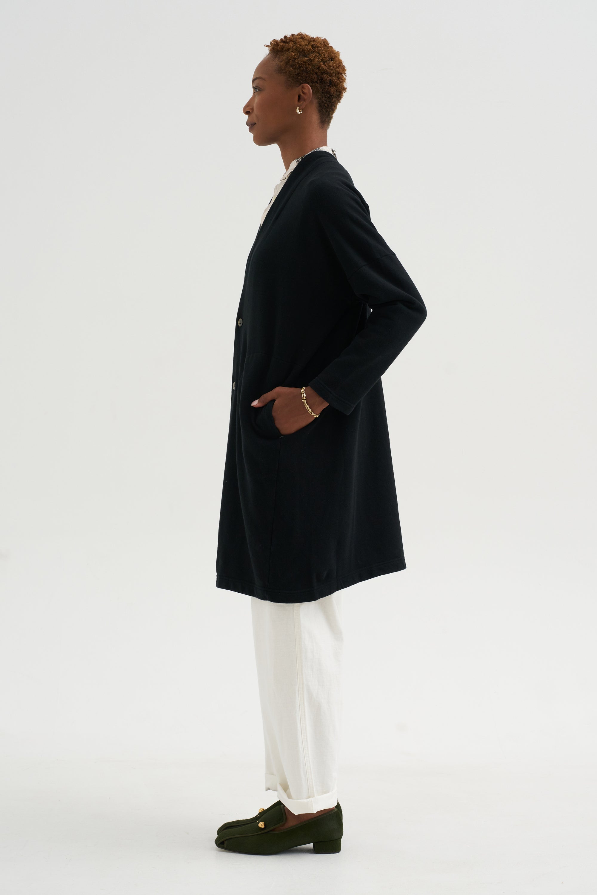 Cloud Jersey - Cotton French Terry Long Cardigan, Black