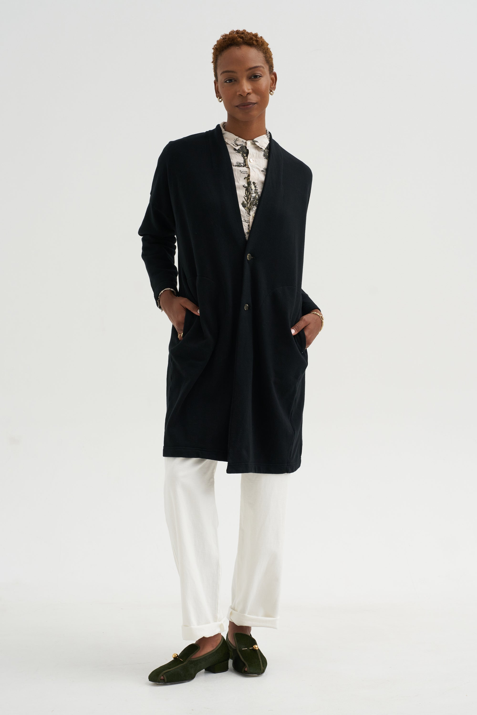 Cloud Jersey - Cotton French Terry Long Cardigan, Black