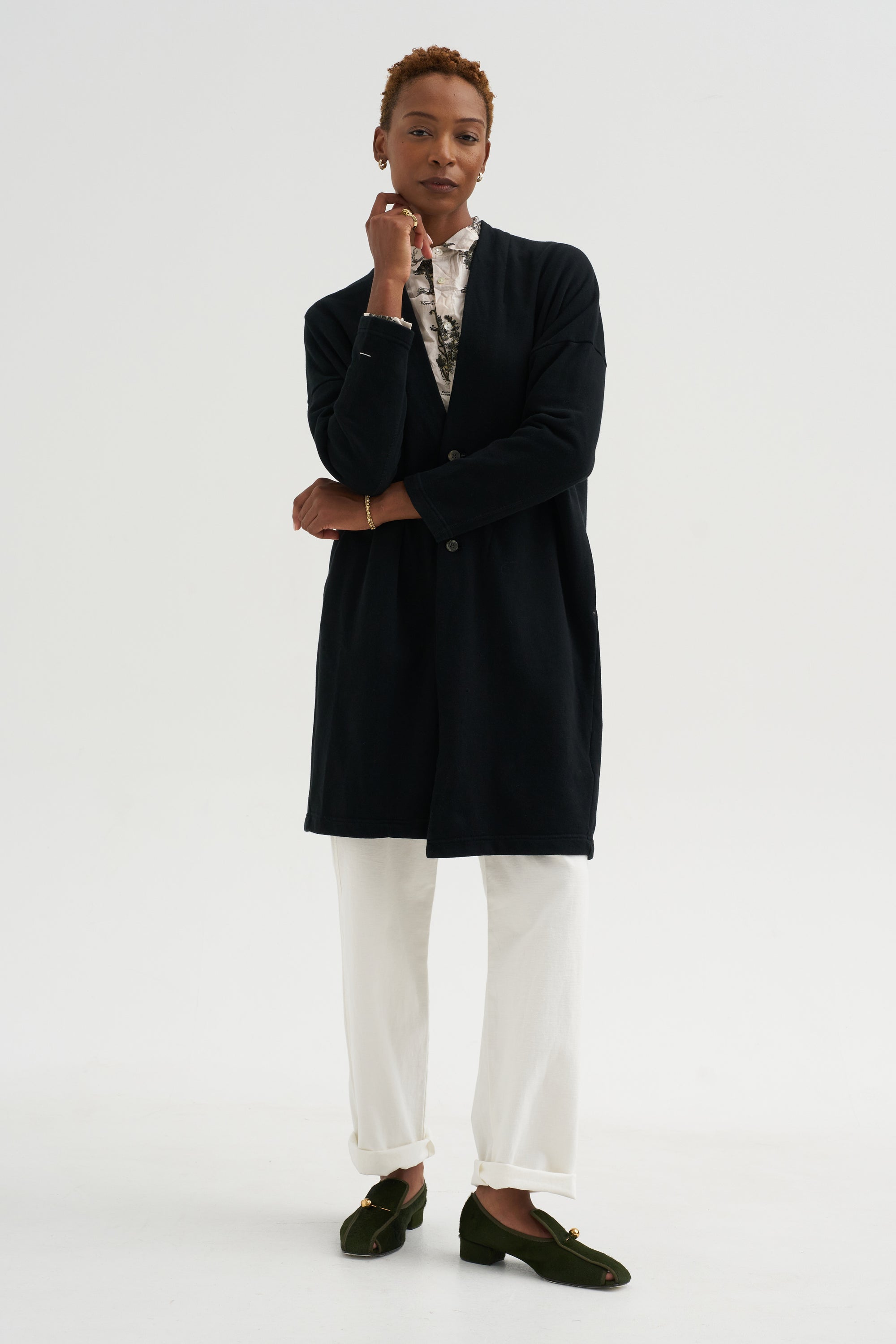 Cloud Jersey - Cotton French Terry Long Cardigan, Black