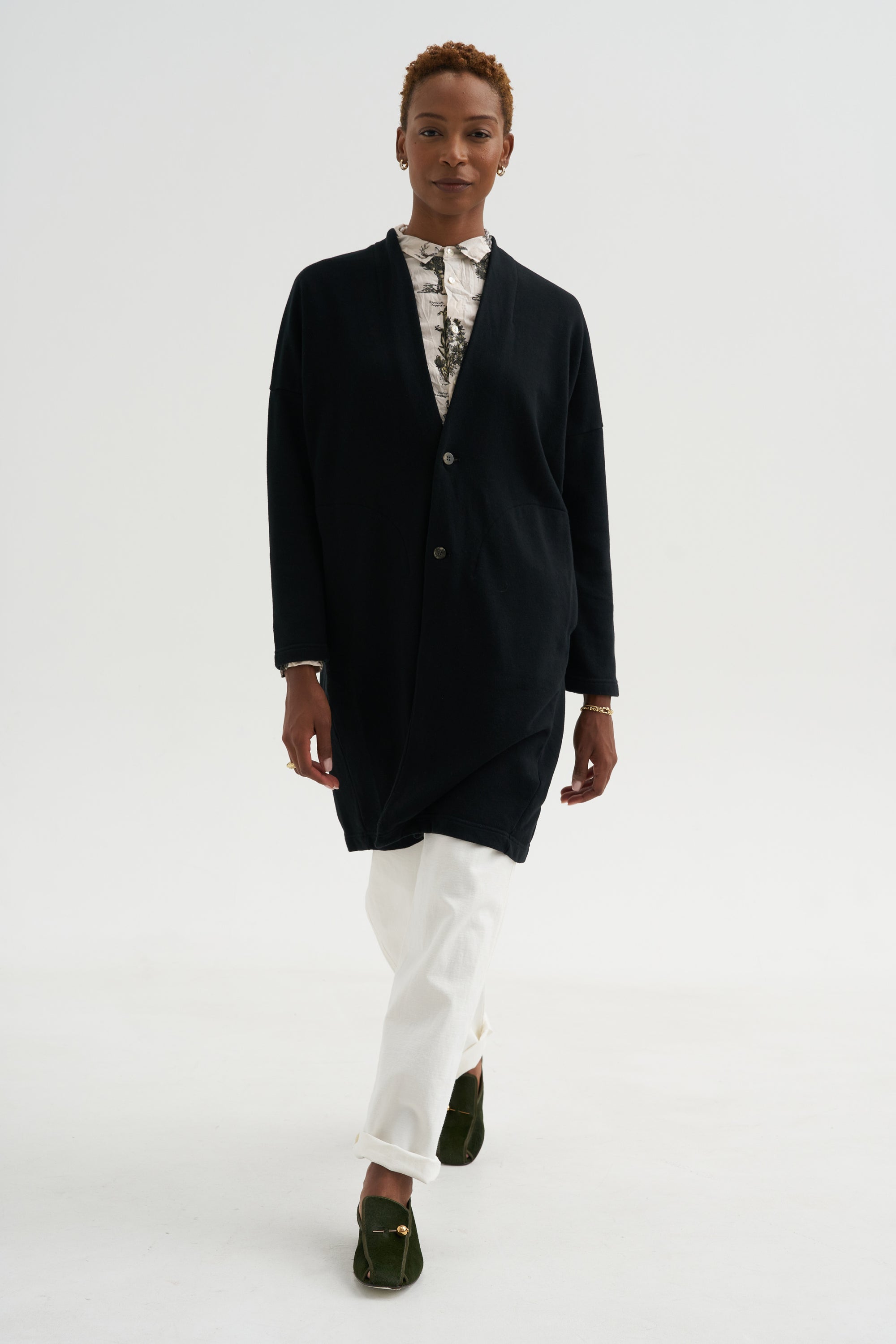 Cloud Jersey - Cotton French Terry Long Cardigan, Black
