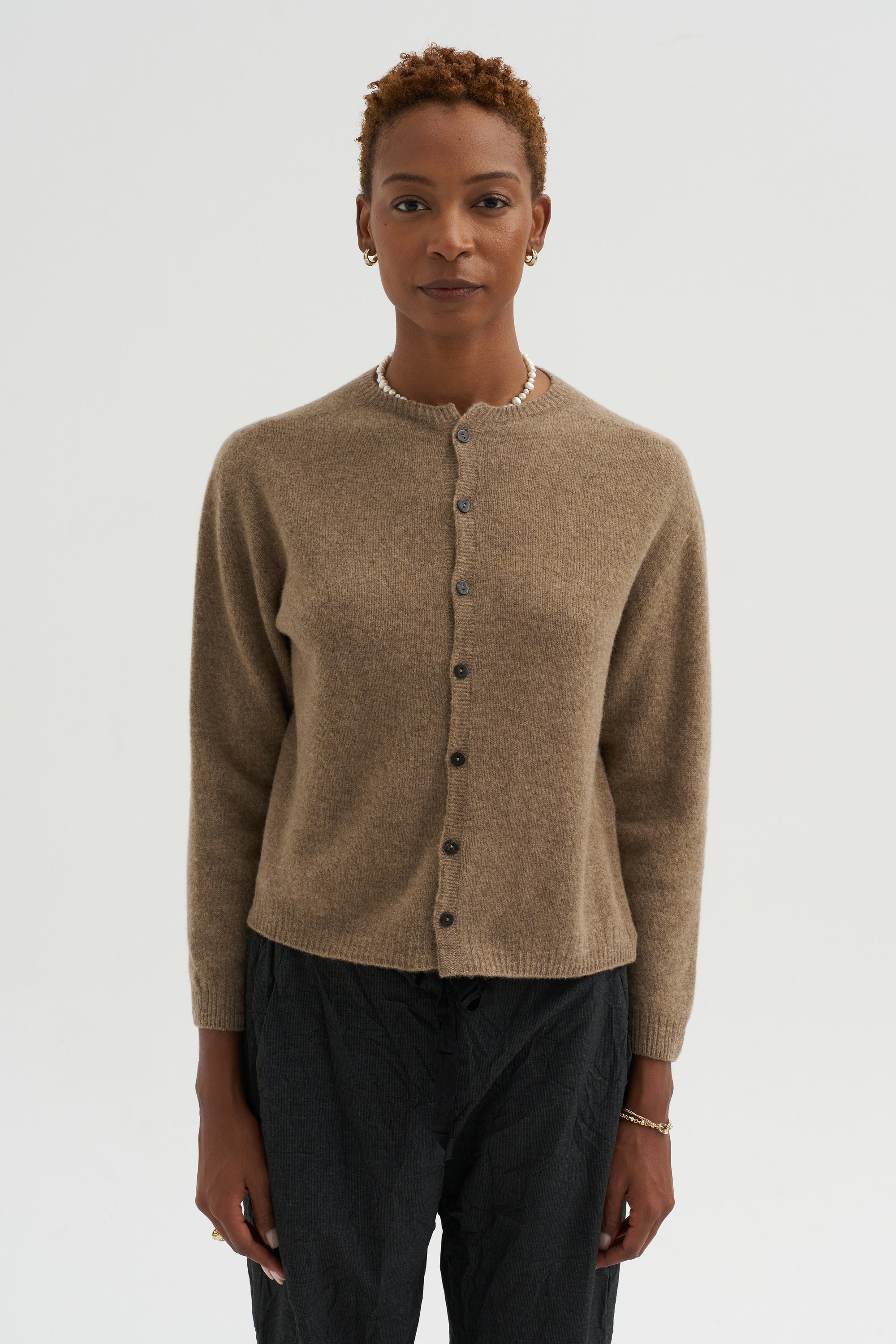 Fine Wool Crewneck Cardigan, Brown