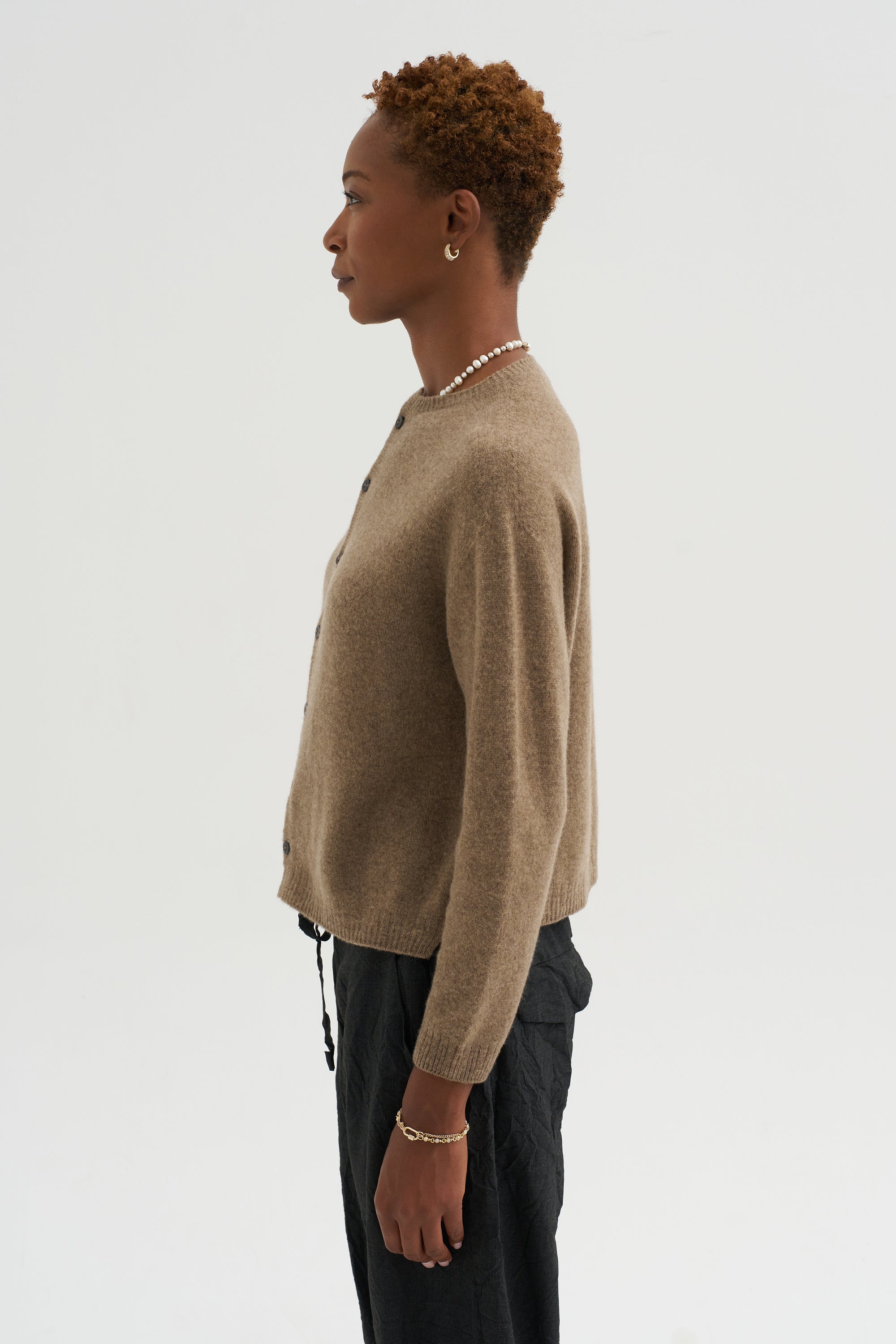 Fine Wool Crewneck Cardigan, Brown