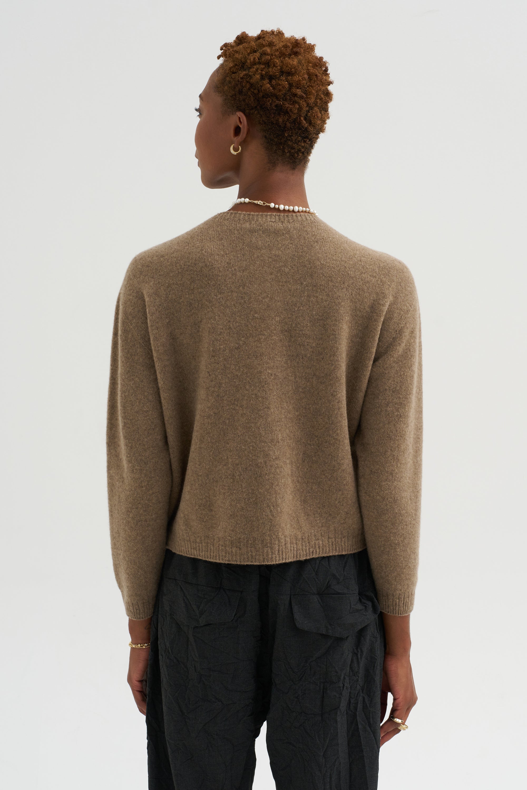 Fine Wool Crewneck Cardigan, Brown
