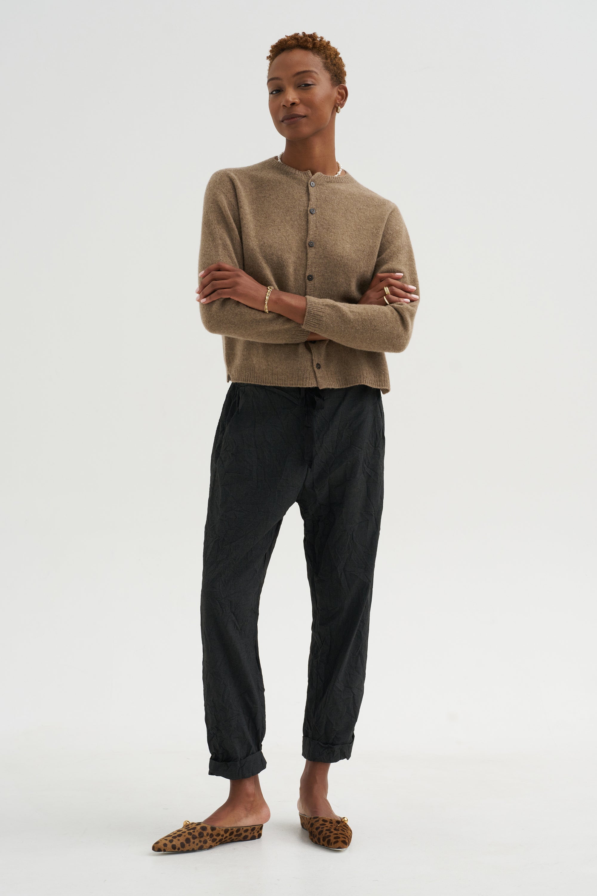 Fine Wool Crewneck Cardigan, Brown