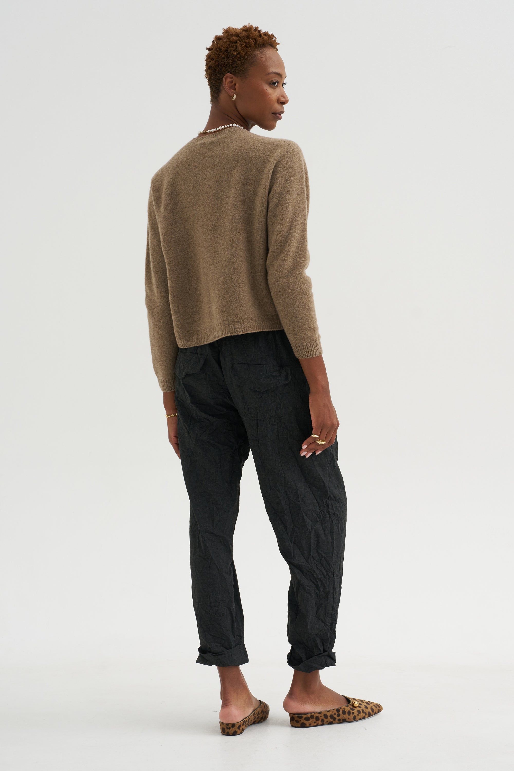 Fine Wool Crewneck Cardigan, Brown