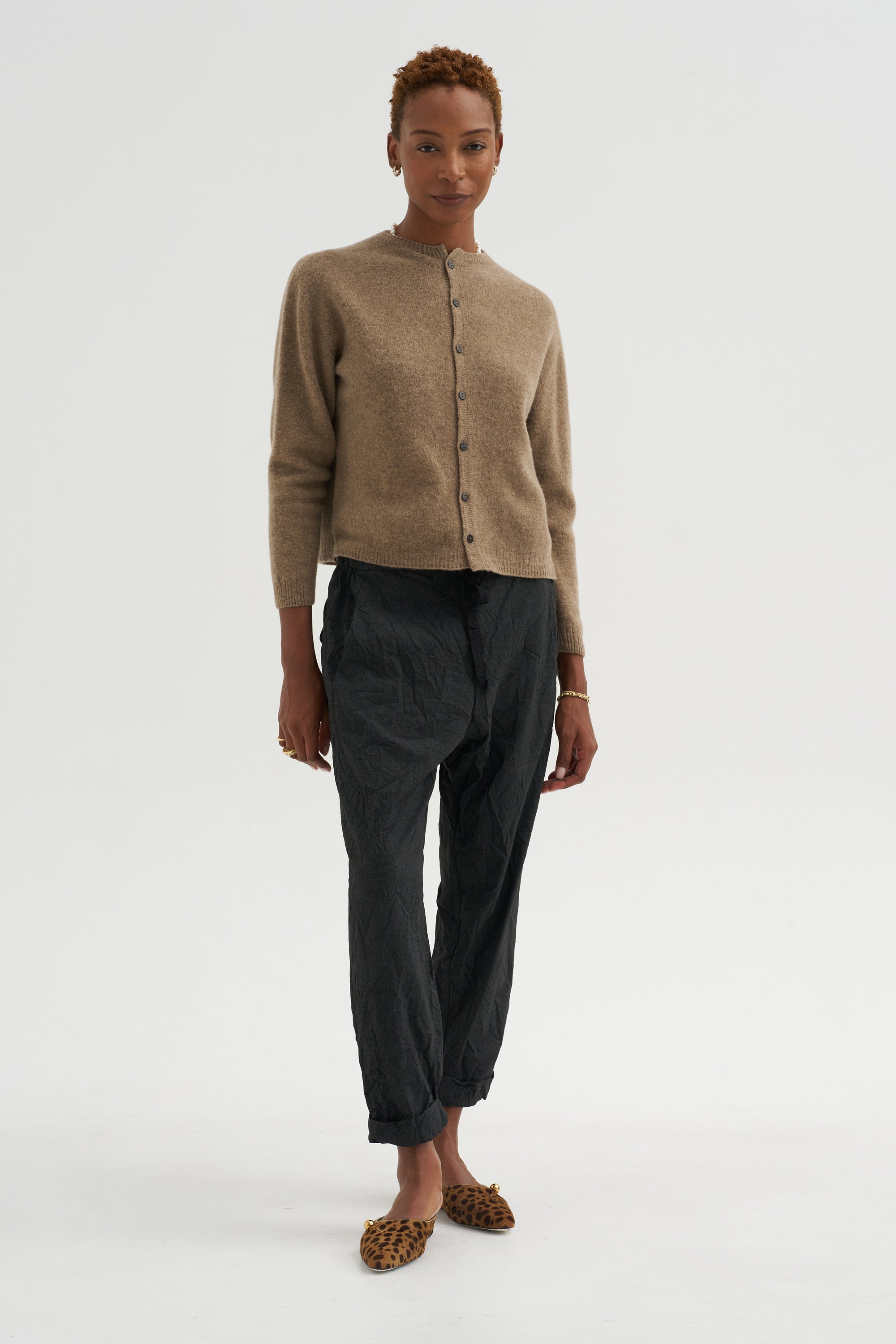 Fine Wool Crewneck Cardigan, Brown
