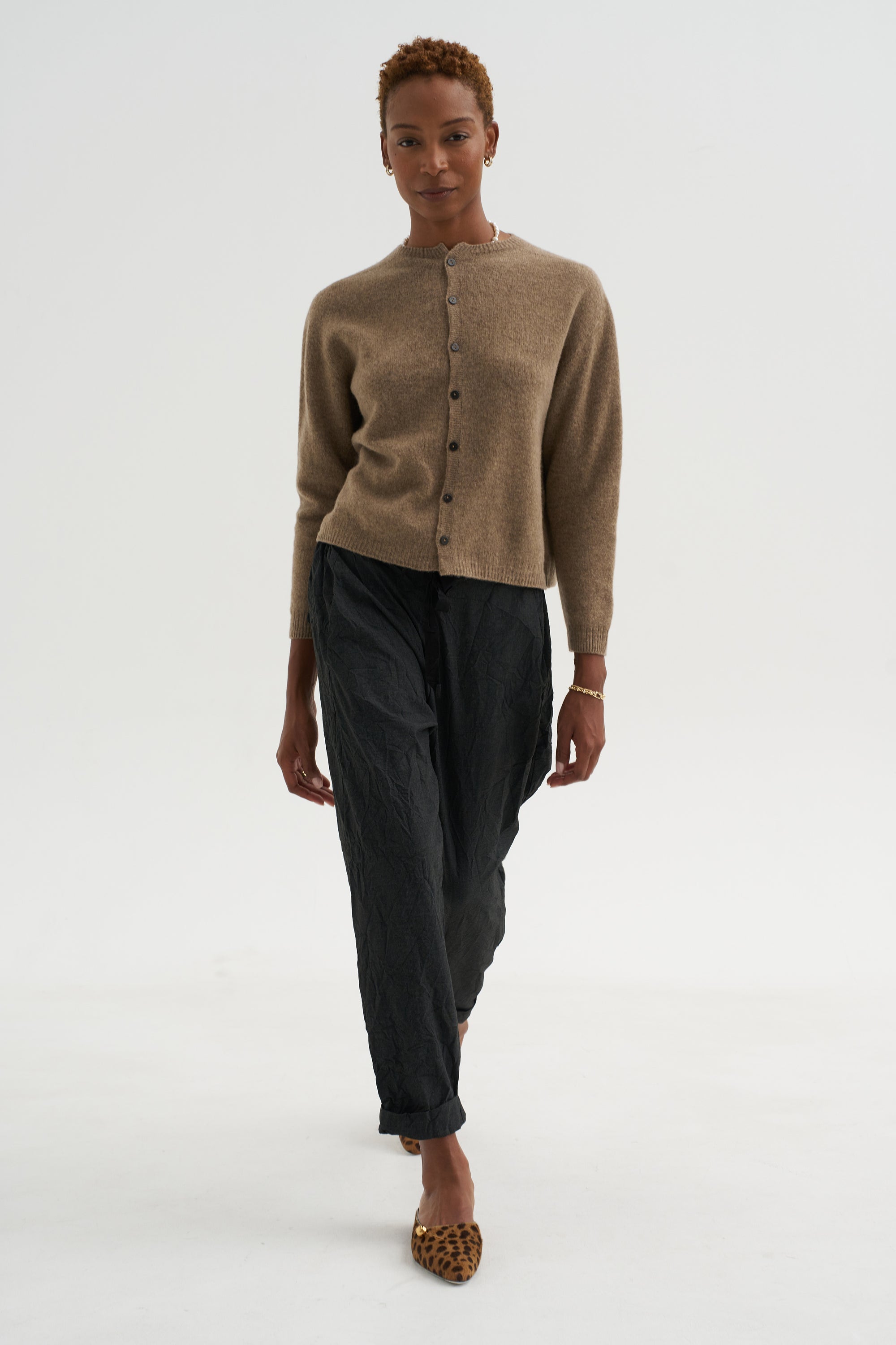 Fine Wool Crewneck Cardigan, Brown