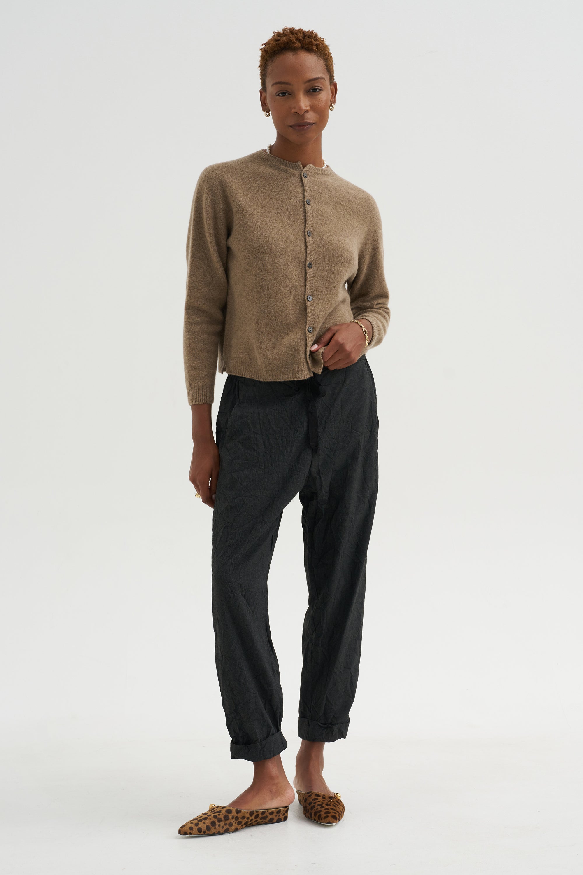 Fine Wool Crewneck Cardigan, Brown