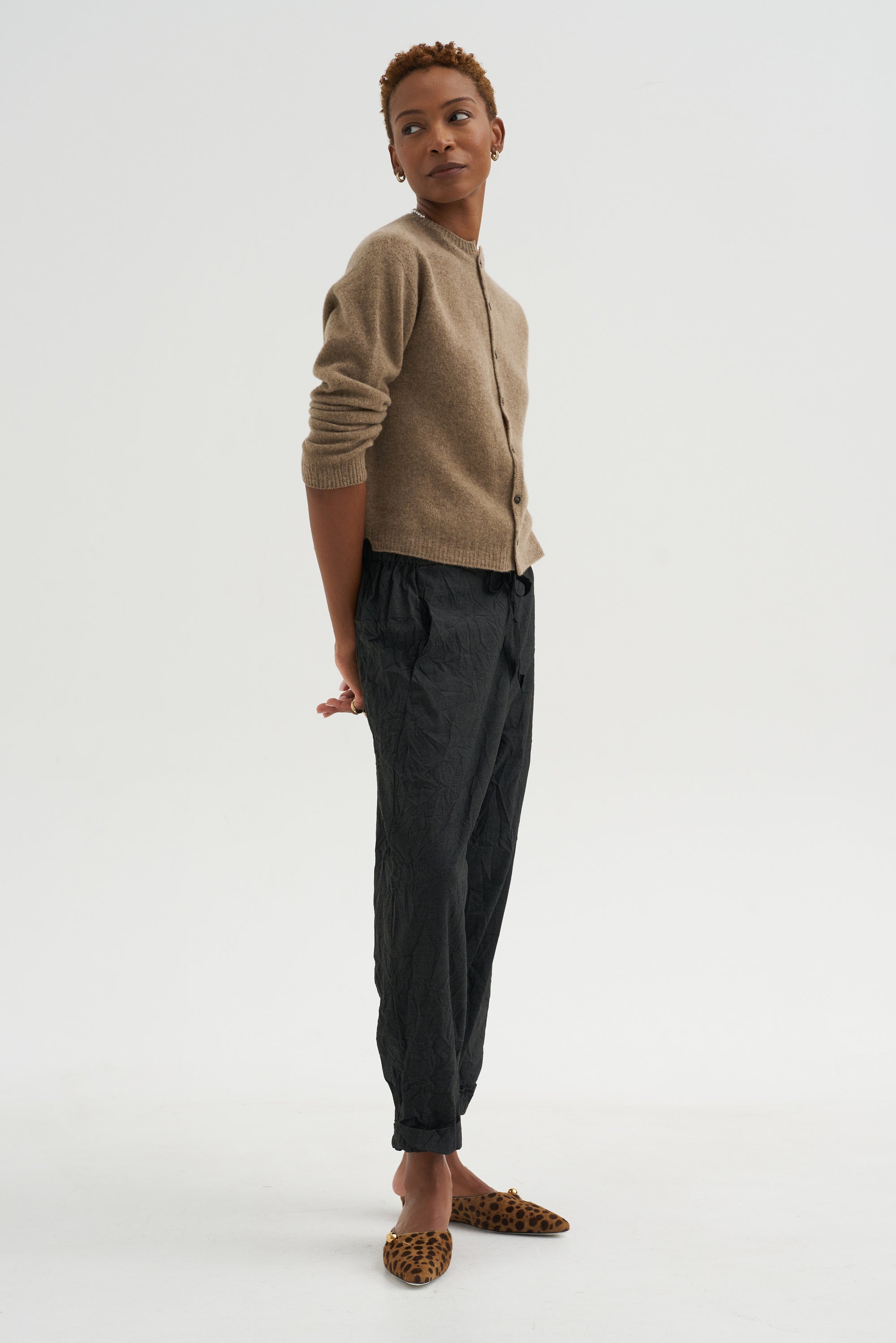 Fine Wool Crewneck Cardigan, Brown