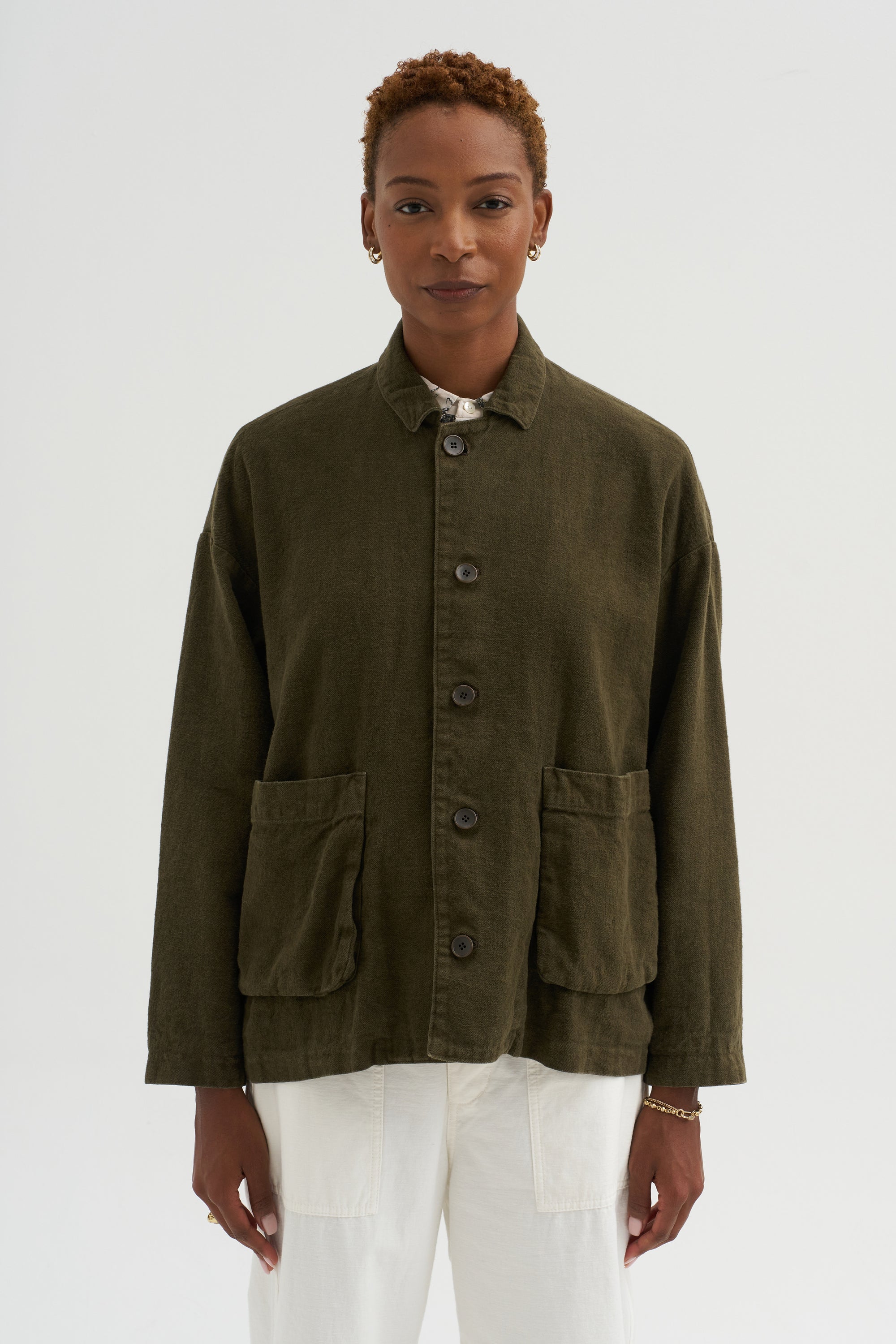 Natural Brushed Linen Cotton Twill Relaxed Coverall Jacket, Khaki