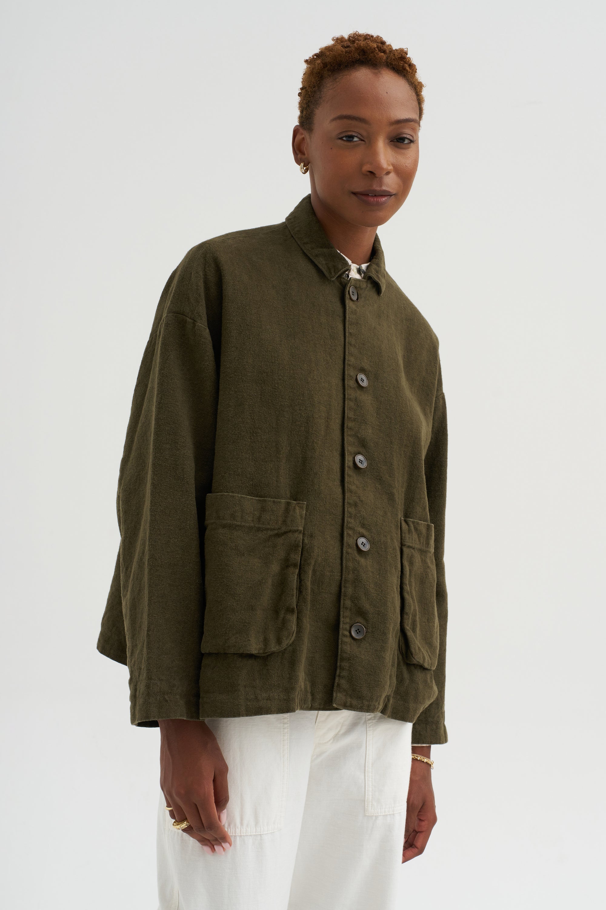 Natural Brushed Linen Cotton Twill Relaxed Coverall Jacket, Khaki