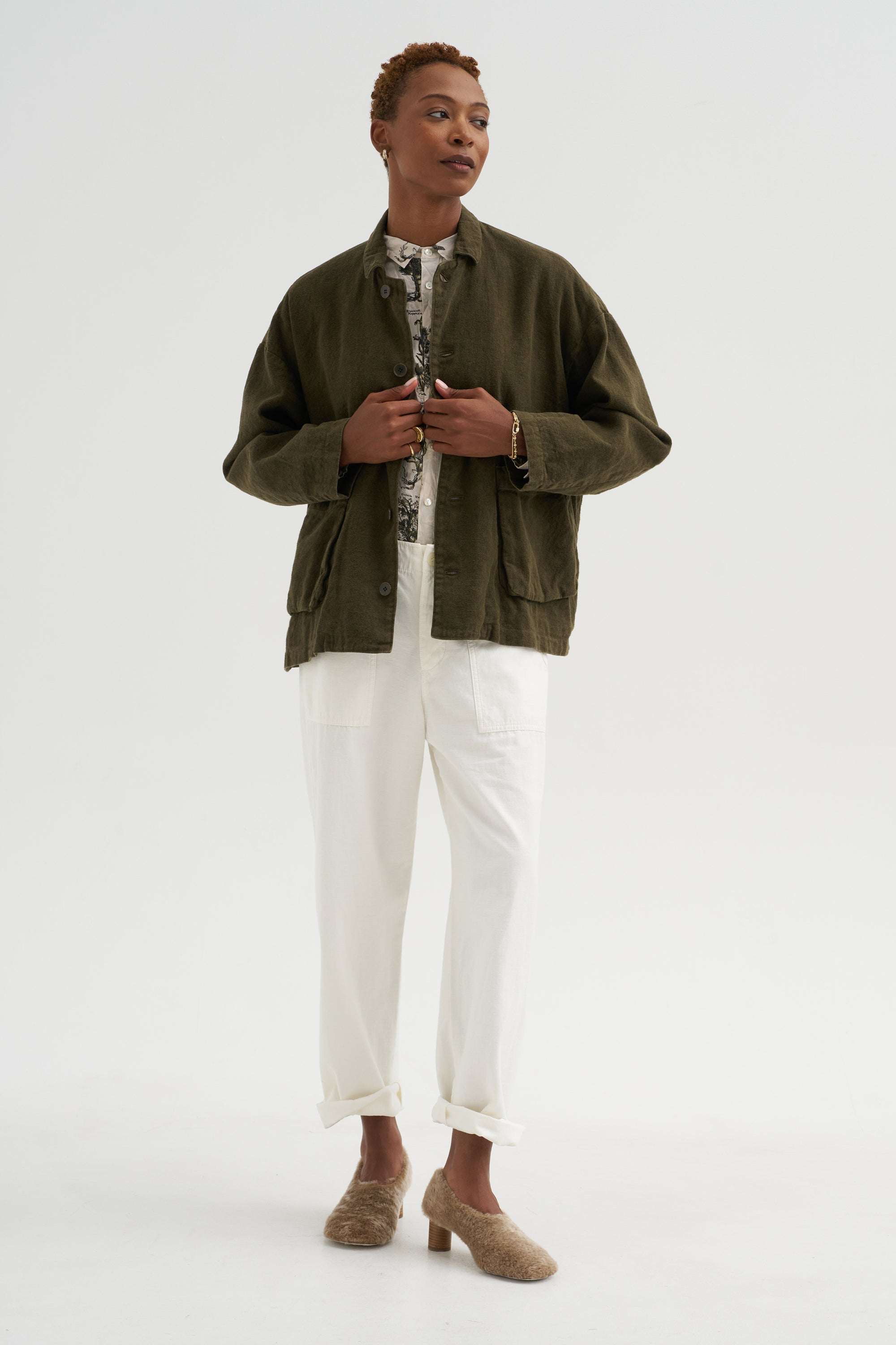 Natural Brushed Linen Cotton Twill Relaxed Coverall Jacket, Khaki