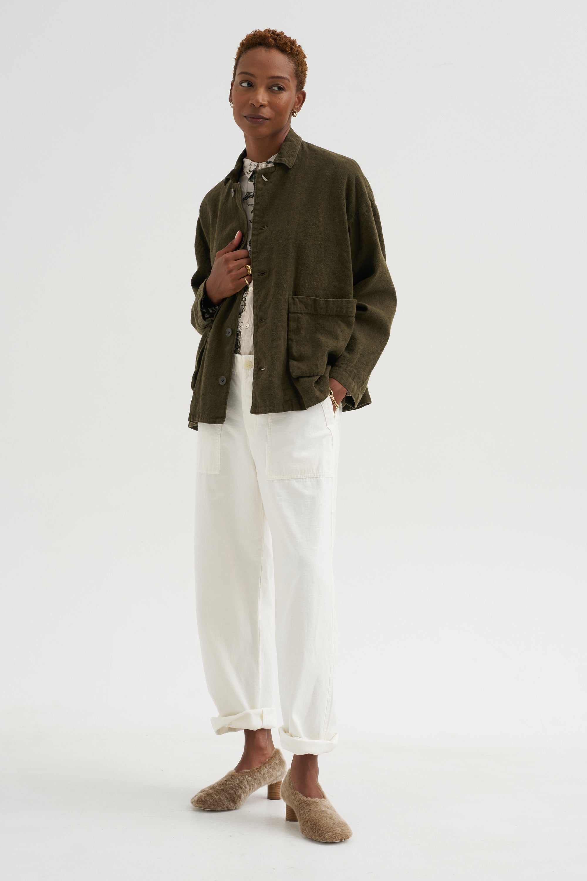 Natural Brushed Linen Cotton Twill Relaxed Coverall Jacket, Khaki
