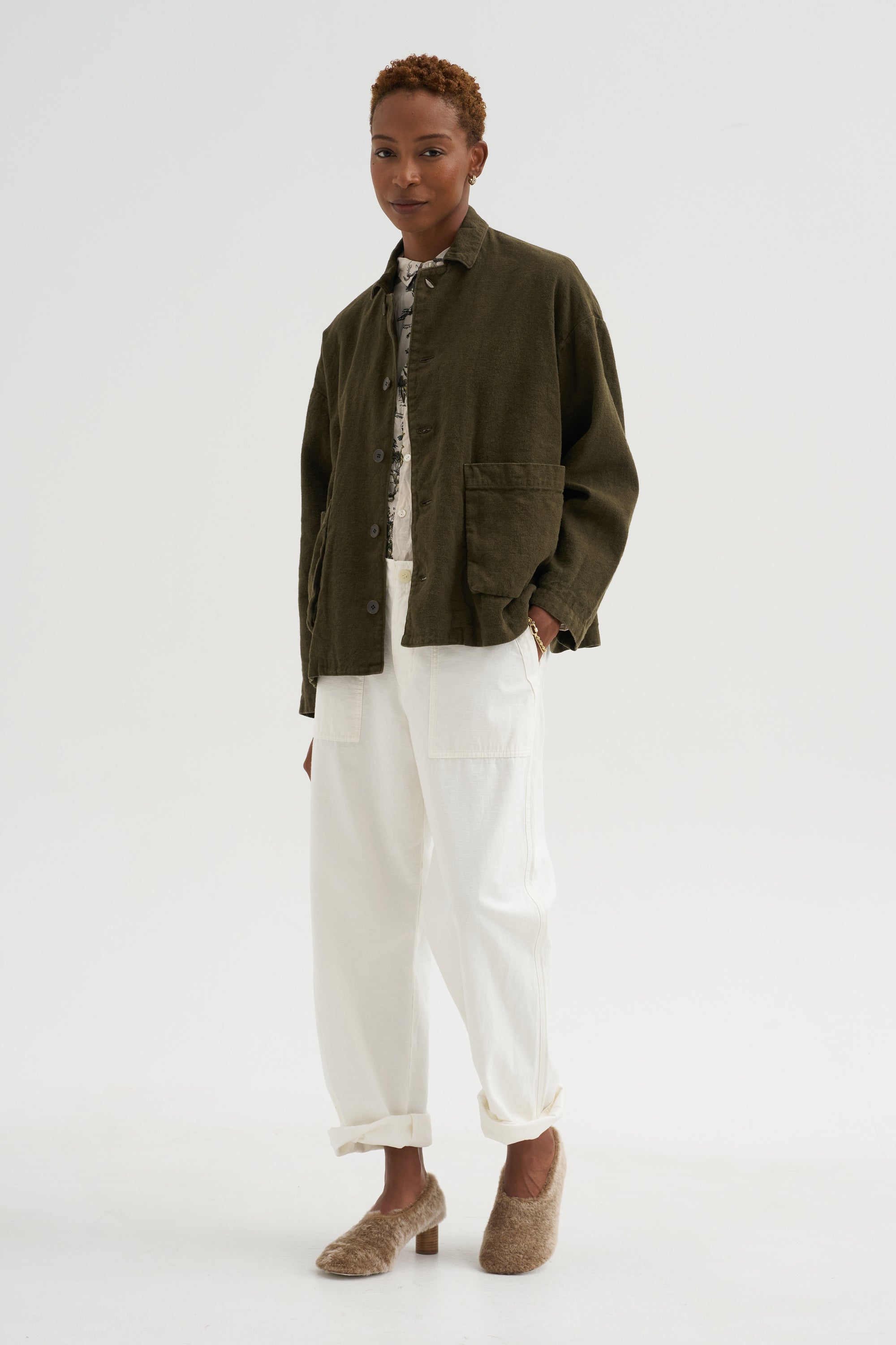 Natural Brushed Linen Cotton Twill Relaxed Coverall Jacket, Khaki