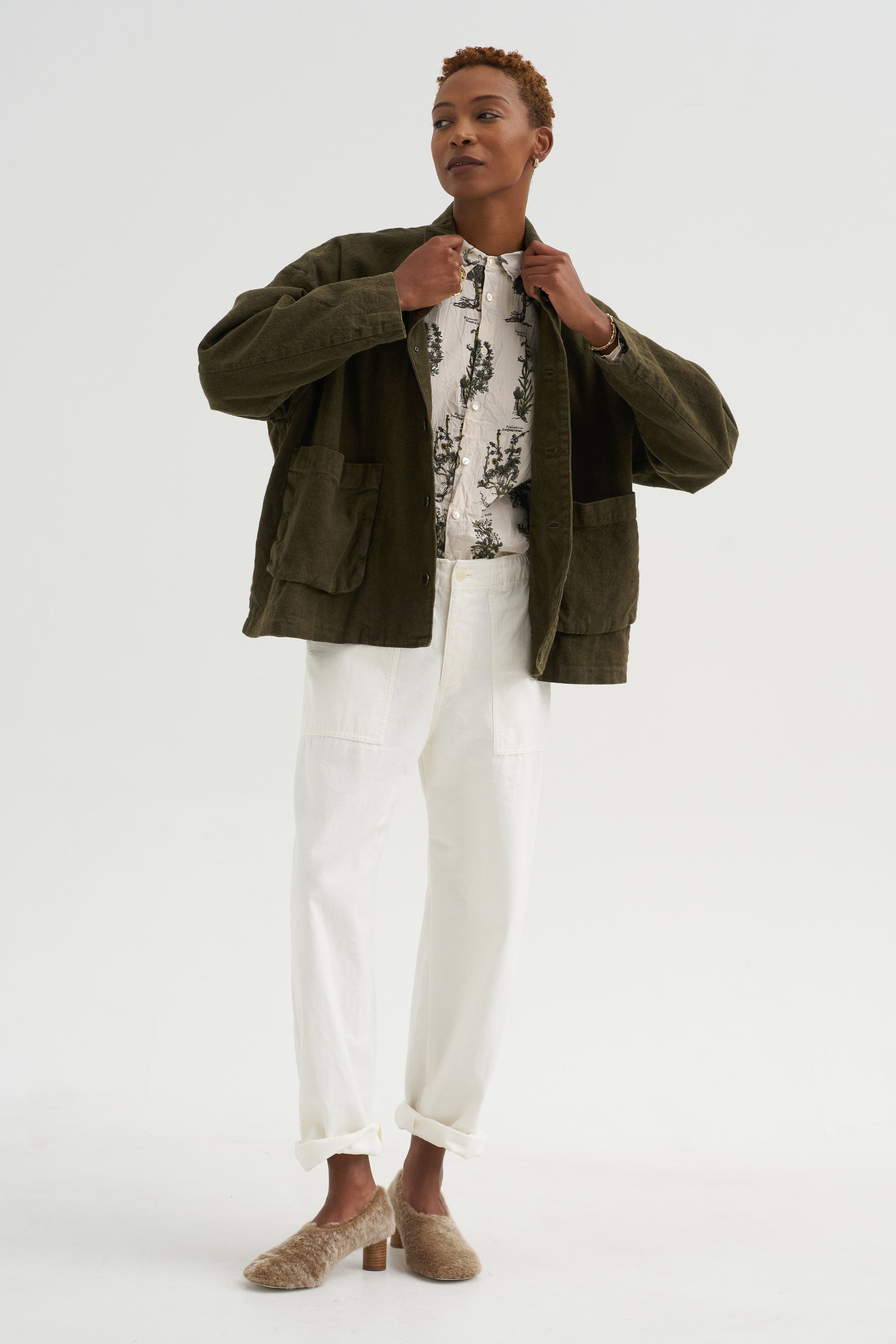 Natural Brushed Linen Cotton Twill Relaxed Coverall Jacket, Khaki