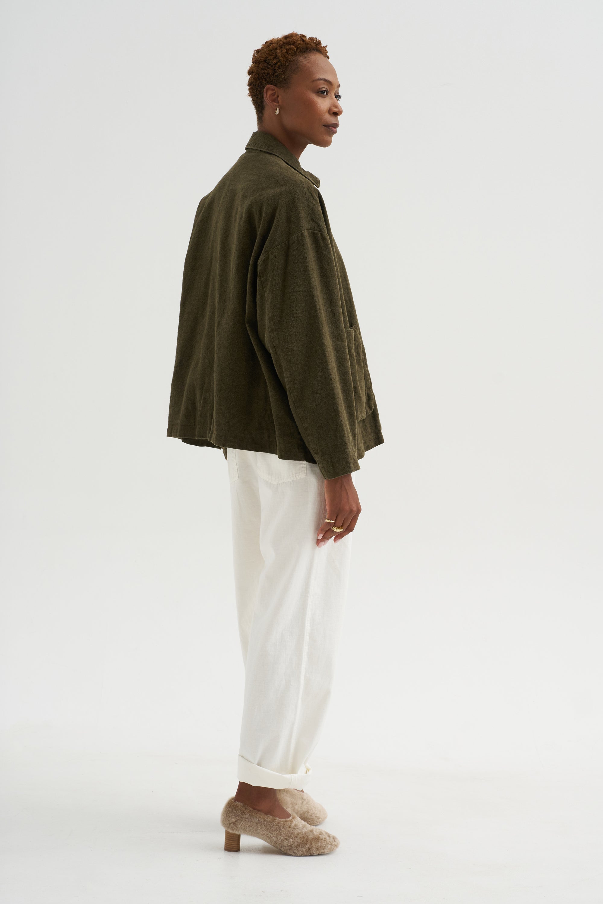 Natural Brushed Linen Cotton Twill Relaxed Coverall Jacket, Khaki