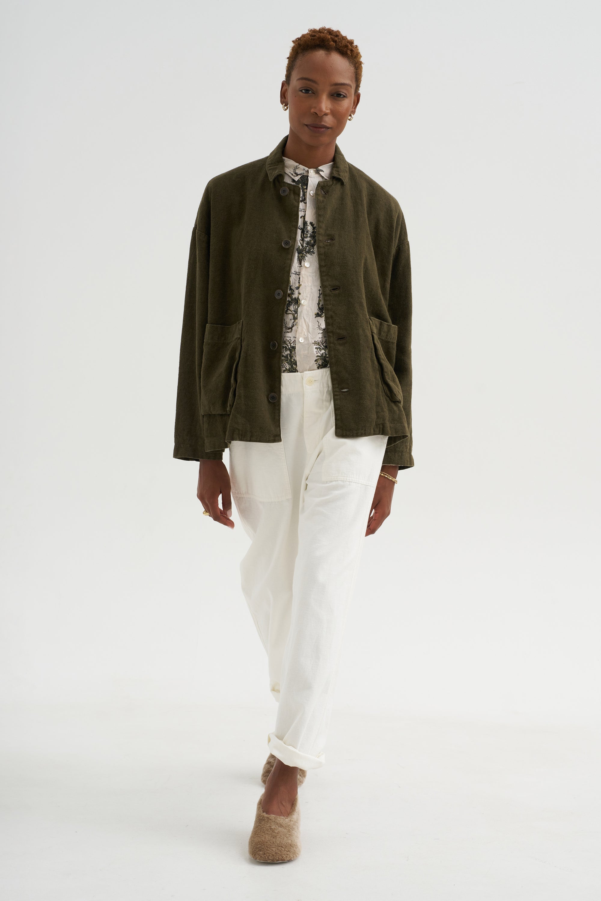 Natural Brushed Linen Cotton Twill Relaxed Coverall Jacket, Khaki
