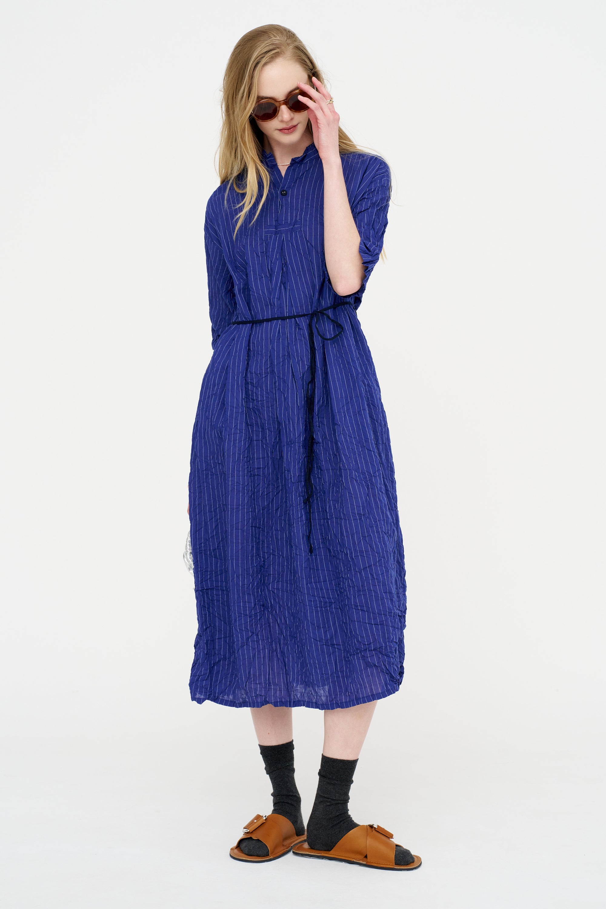 Blue Shirring Stripe Dress, Navy