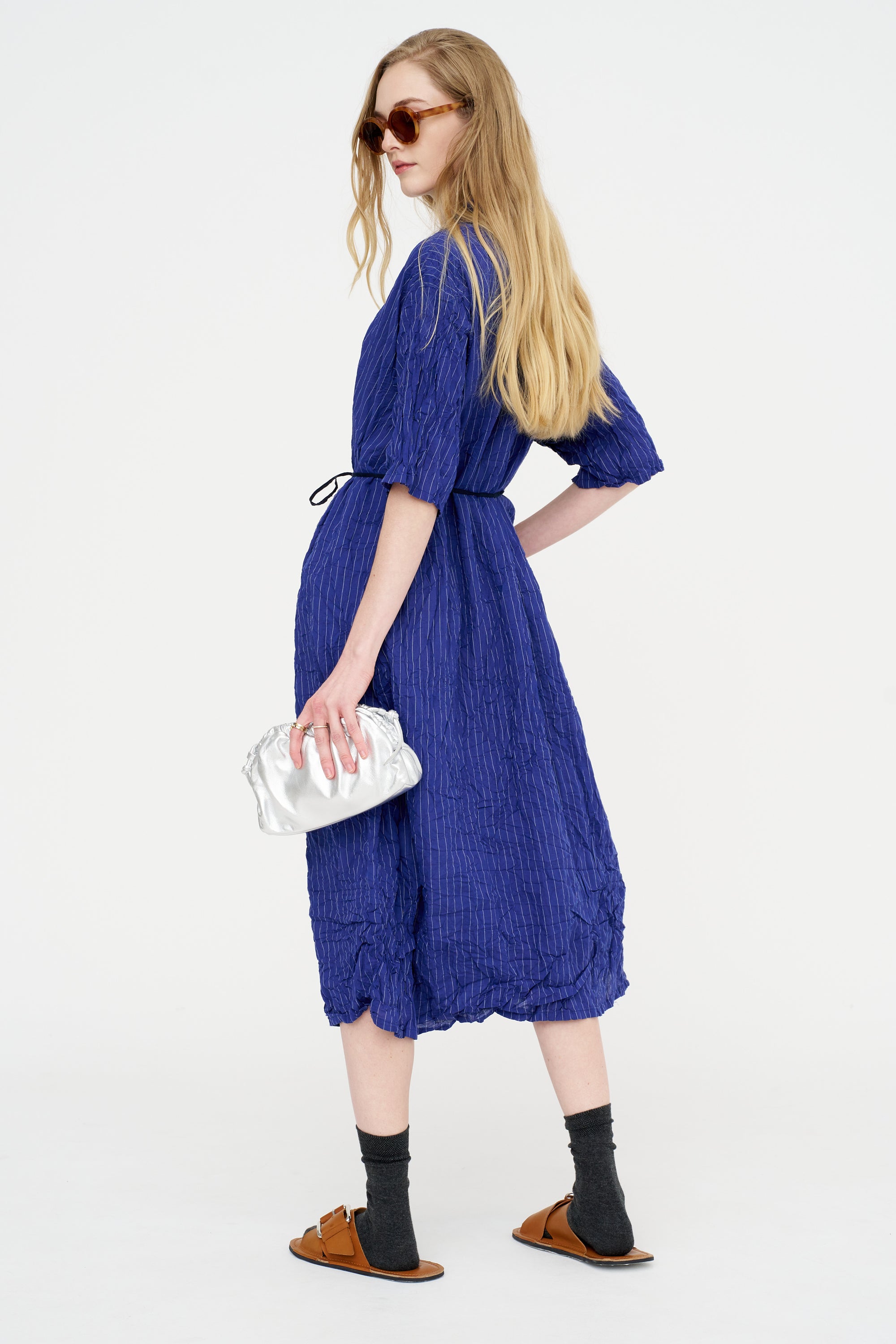 Blue Shirring Stripe Dress, Navy