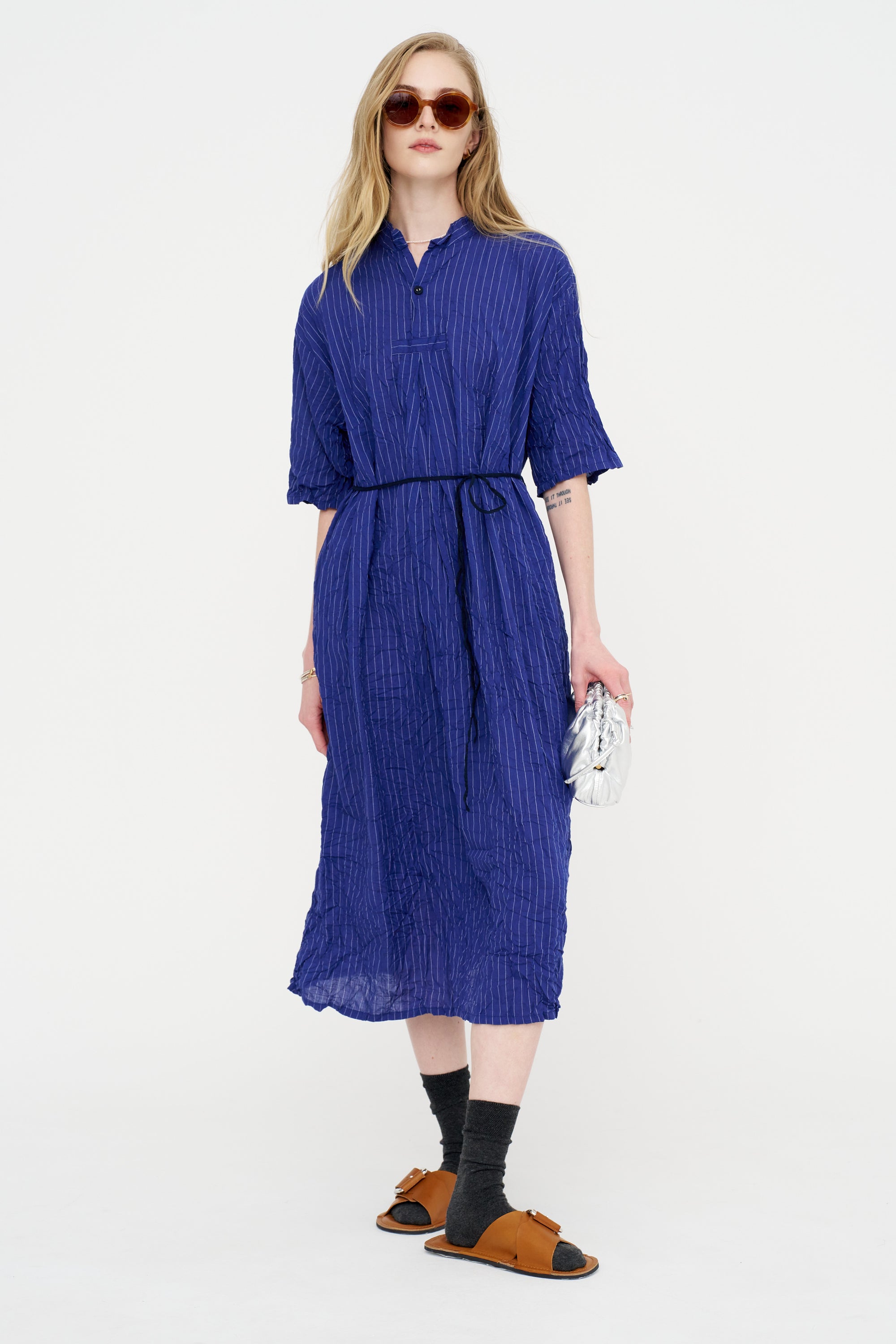 Blue Shirring Stripe Dress, Navy