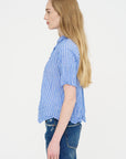 Blue Shirring Stripe Short Sleeve Blouse, Saxe Blue