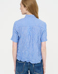 Blue Shirring Stripe Short Sleeve Blouse, Saxe Blue