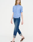 Blue Shirring Stripe Short Sleeve Blouse, Saxe Blue