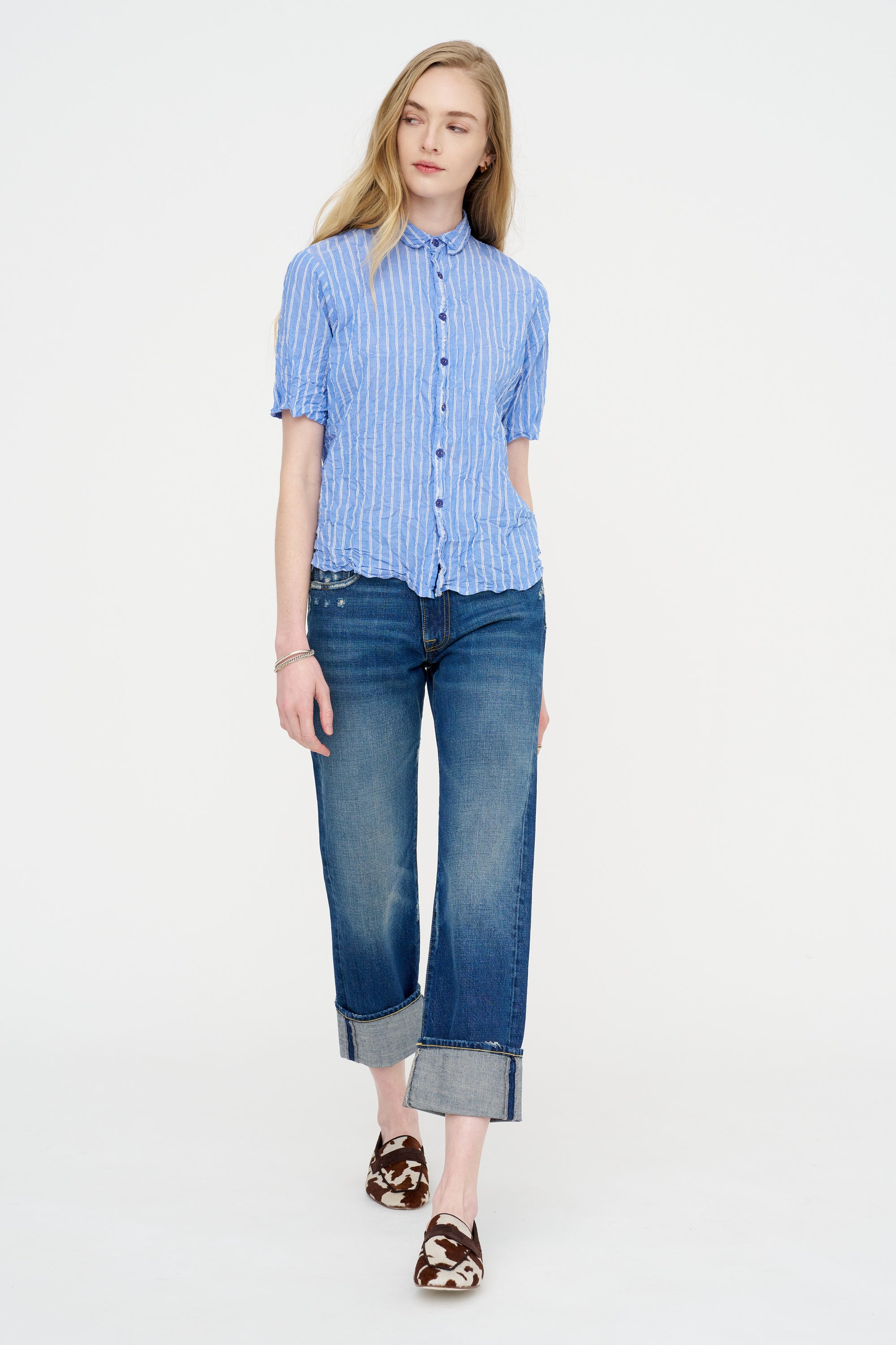 Blue Shirring Stripe Short Sleeve Blouse, Saxe Blue