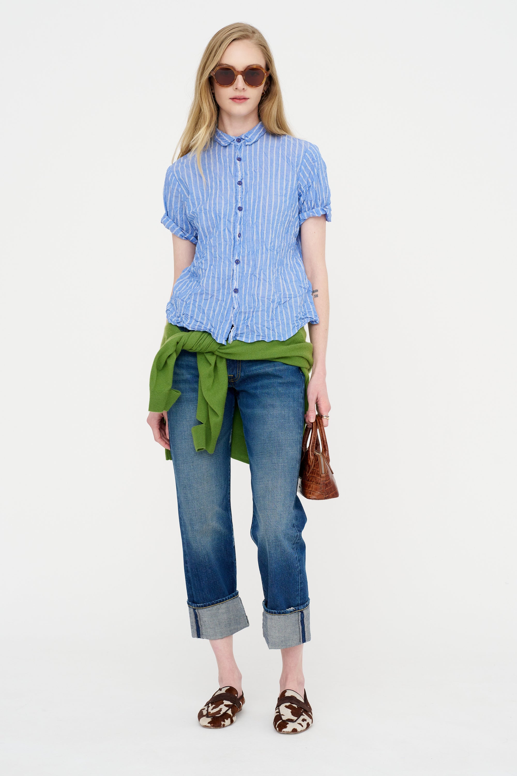 Blue Shirring Stripe Short Sleeve Blouse, Saxe Blue