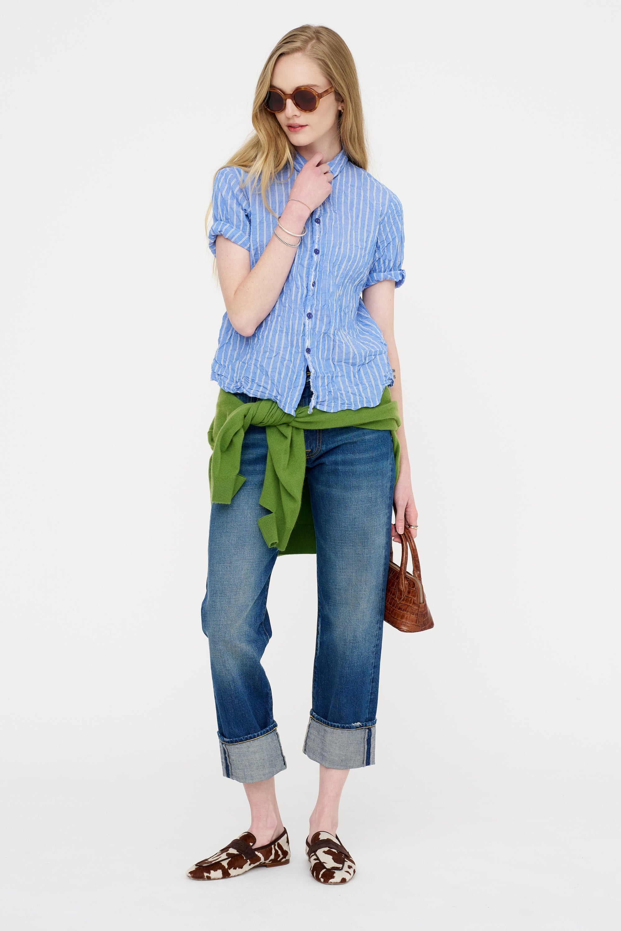 Blue Shirring Stripe Short Sleeve Blouse, Saxe Blue