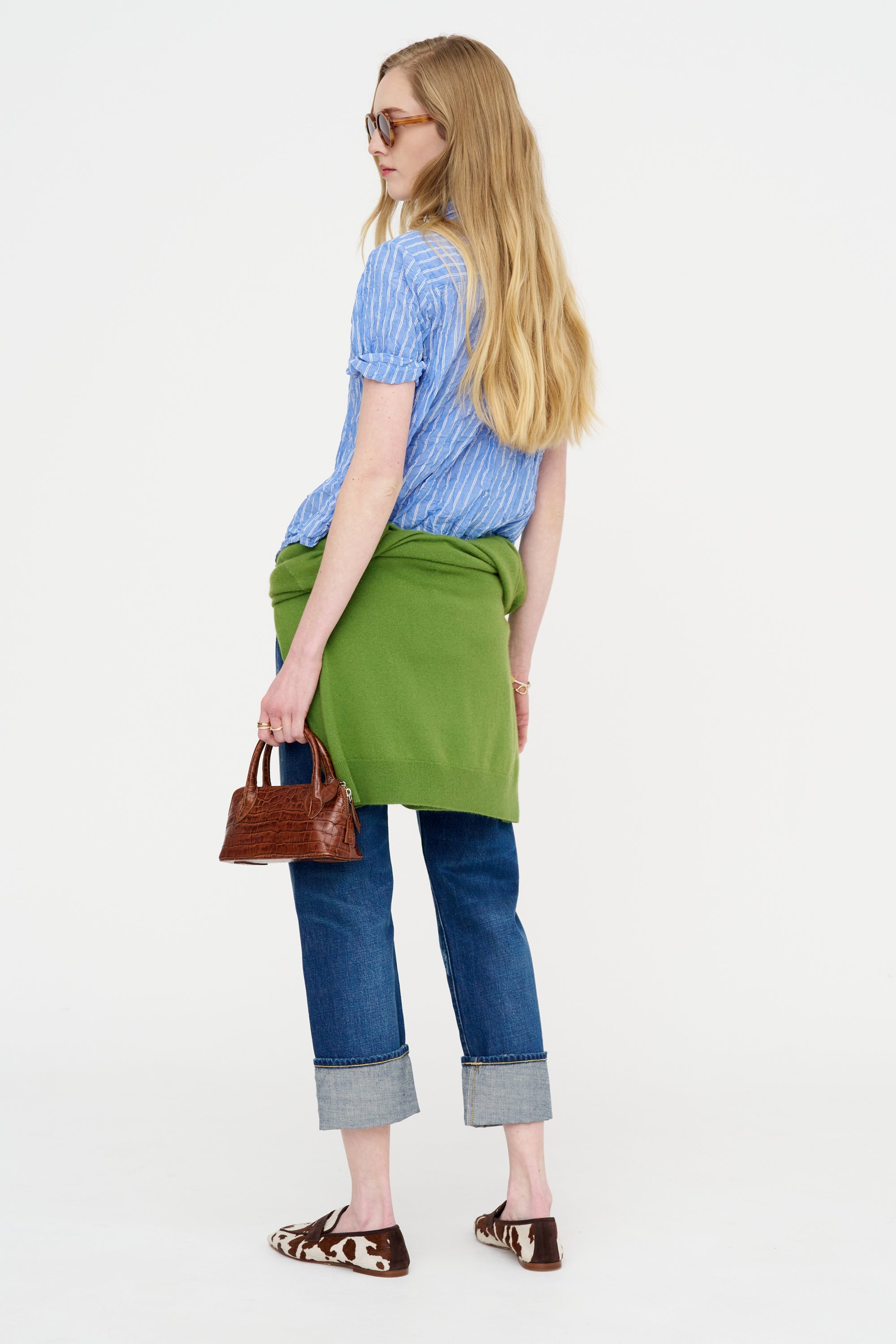 Blue Shirring Stripe Short Sleeve Blouse, Saxe Blue