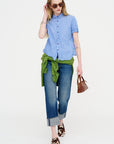 Blue Shirring Stripe Short Sleeve Blouse, Saxe Blue