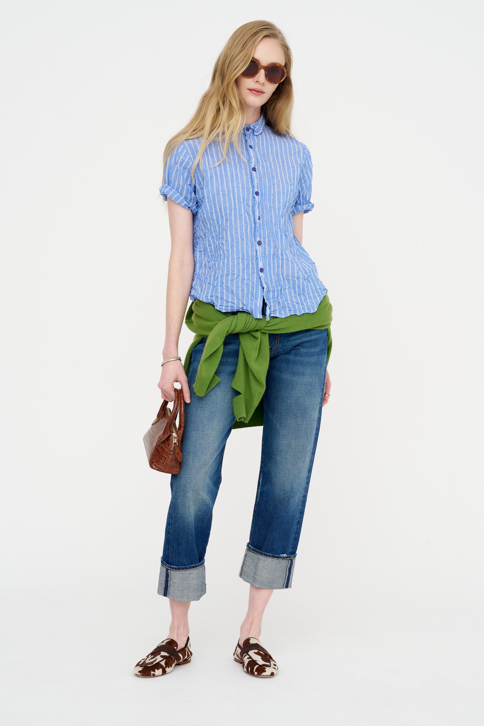Blue Shirring Stripe Short Sleeve Blouse, Saxe Blue