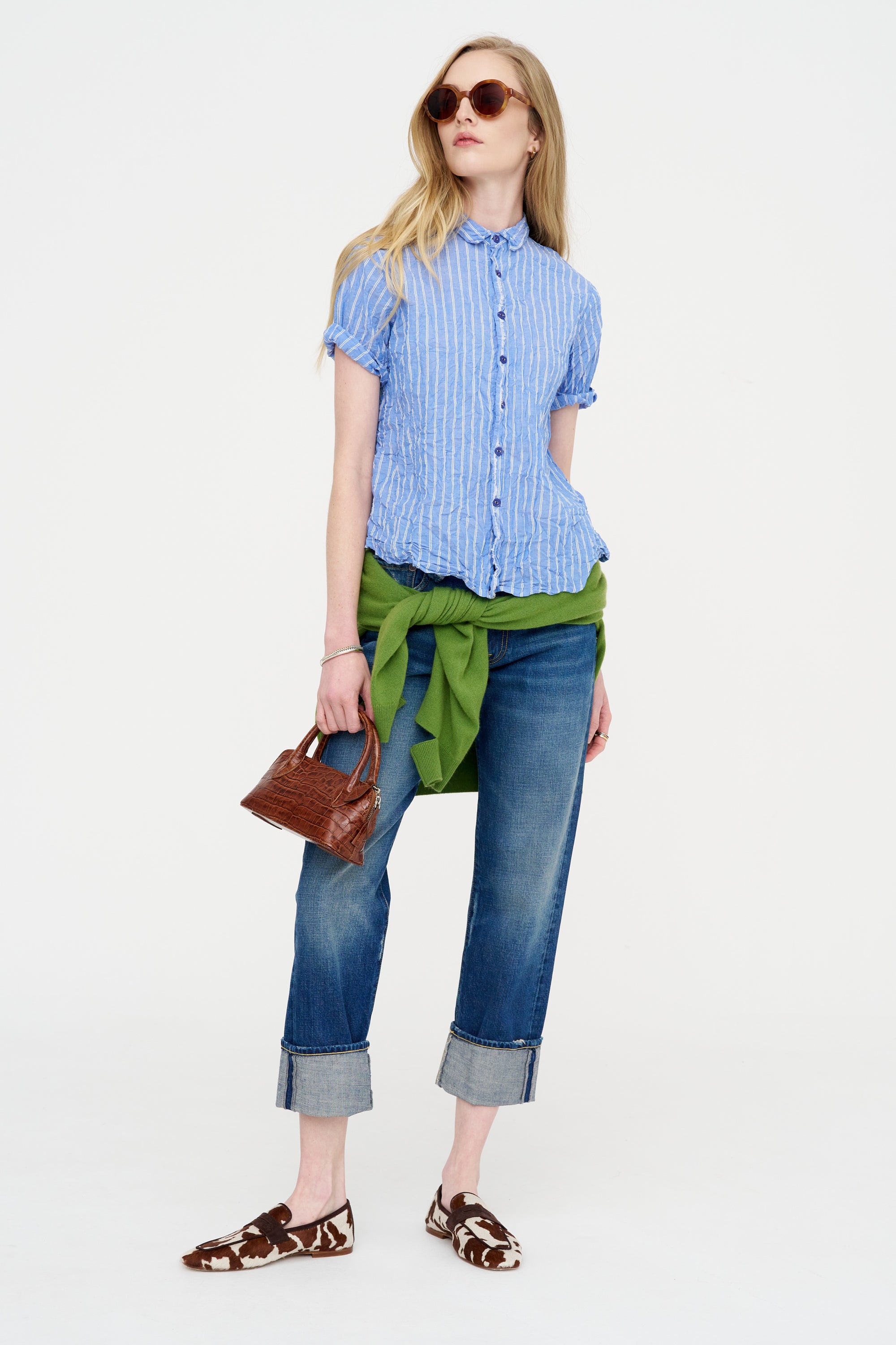 Blue Shirring Stripe Short Sleeve Blouse, Saxe Blue