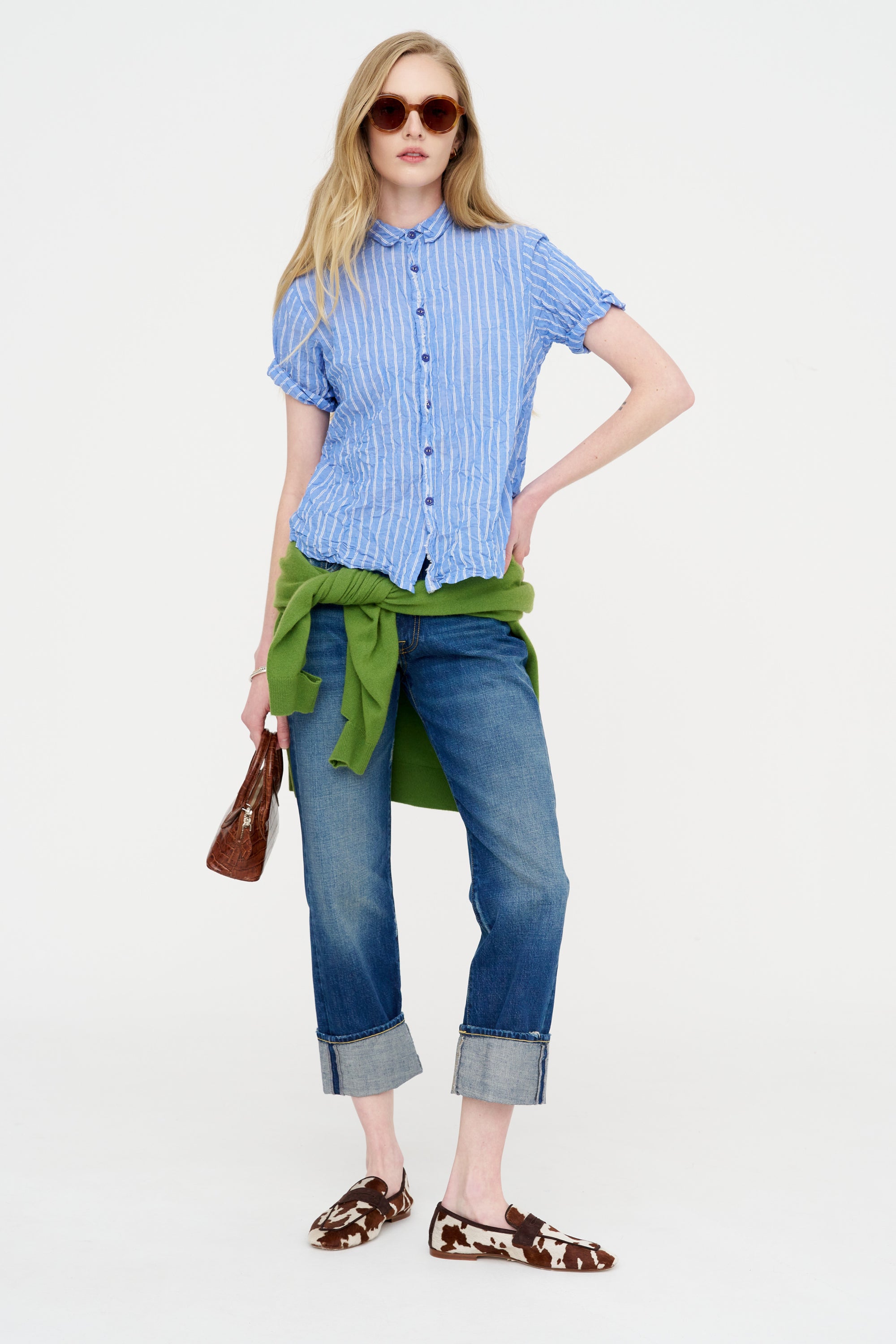 Blue Shirring Stripe Short Sleeve Blouse, Saxe Blue
