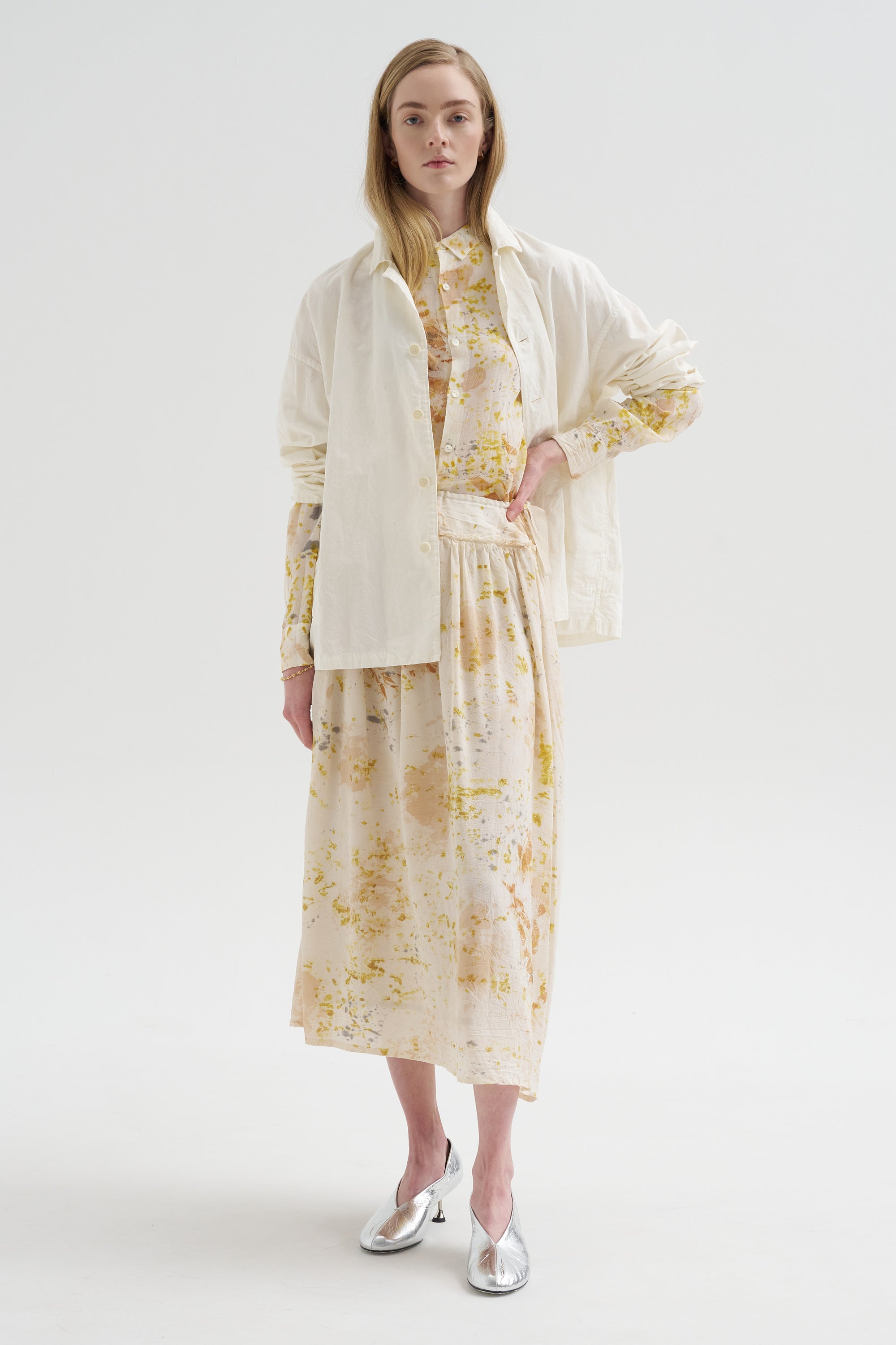 Silk Crepe Bundle Dye Skirt, Ivory