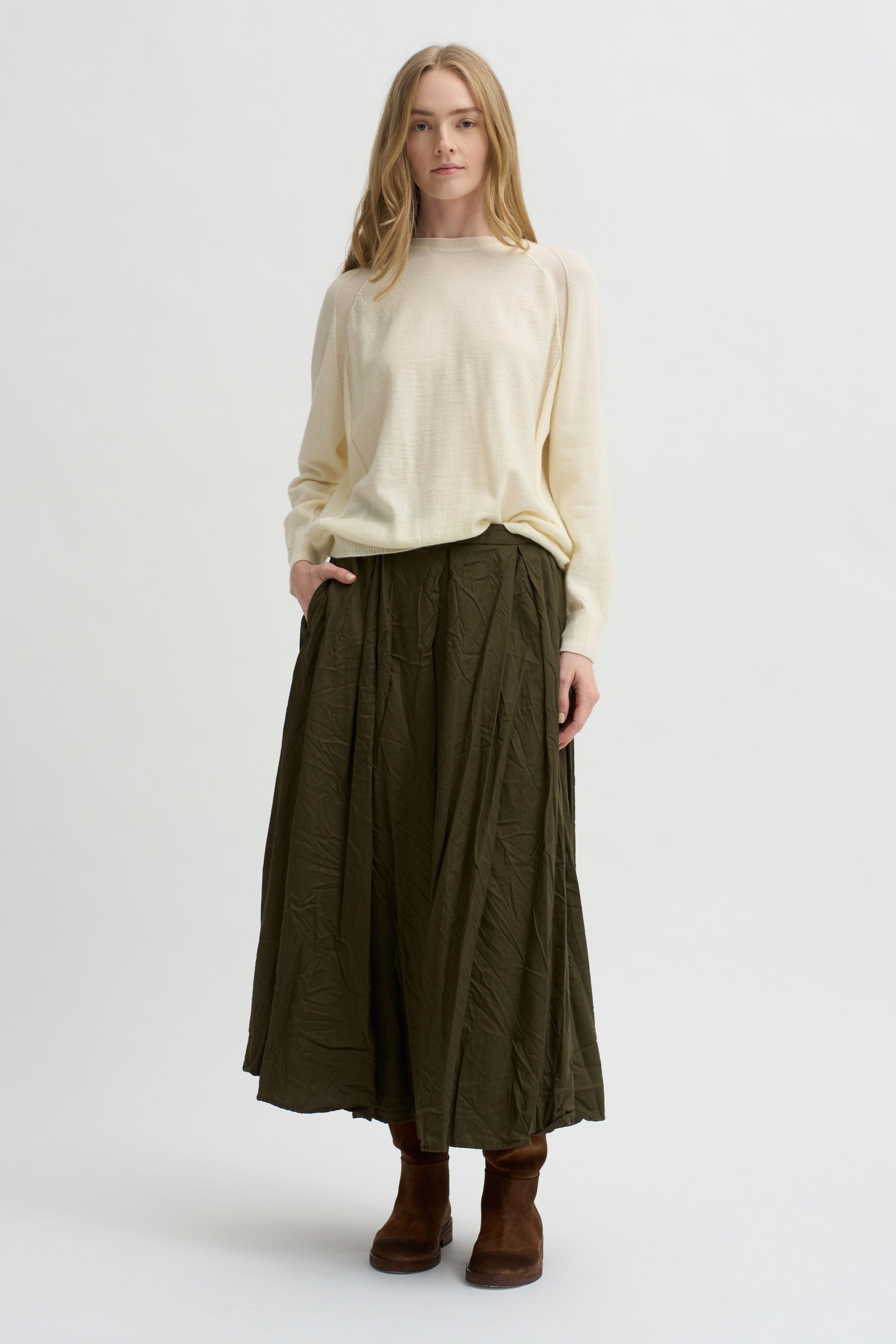 Flared Skirt Cotton Satin, Khaki
