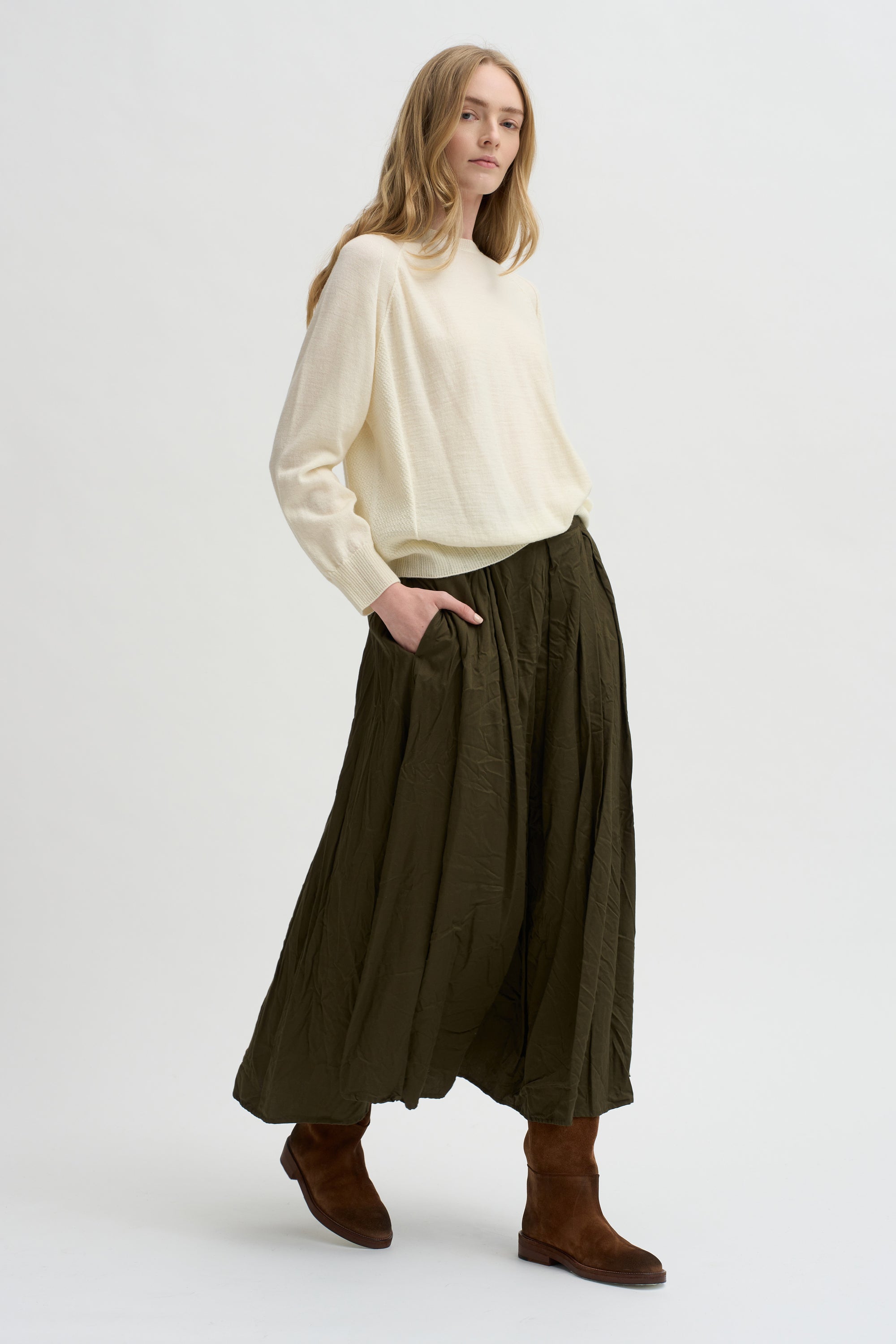 Flared Skirt Cotton Satin, Khaki