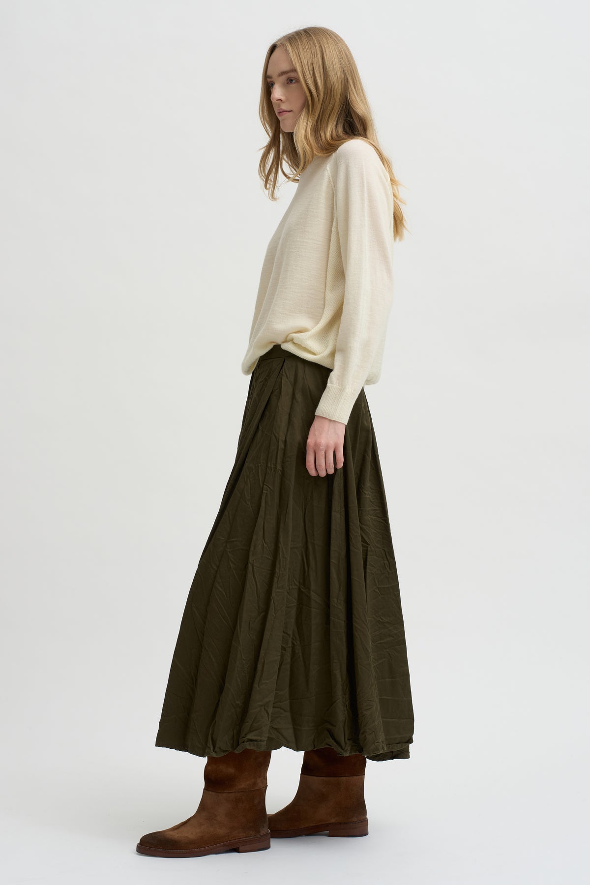 Flared Skirt Cotton Satin, Khaki
