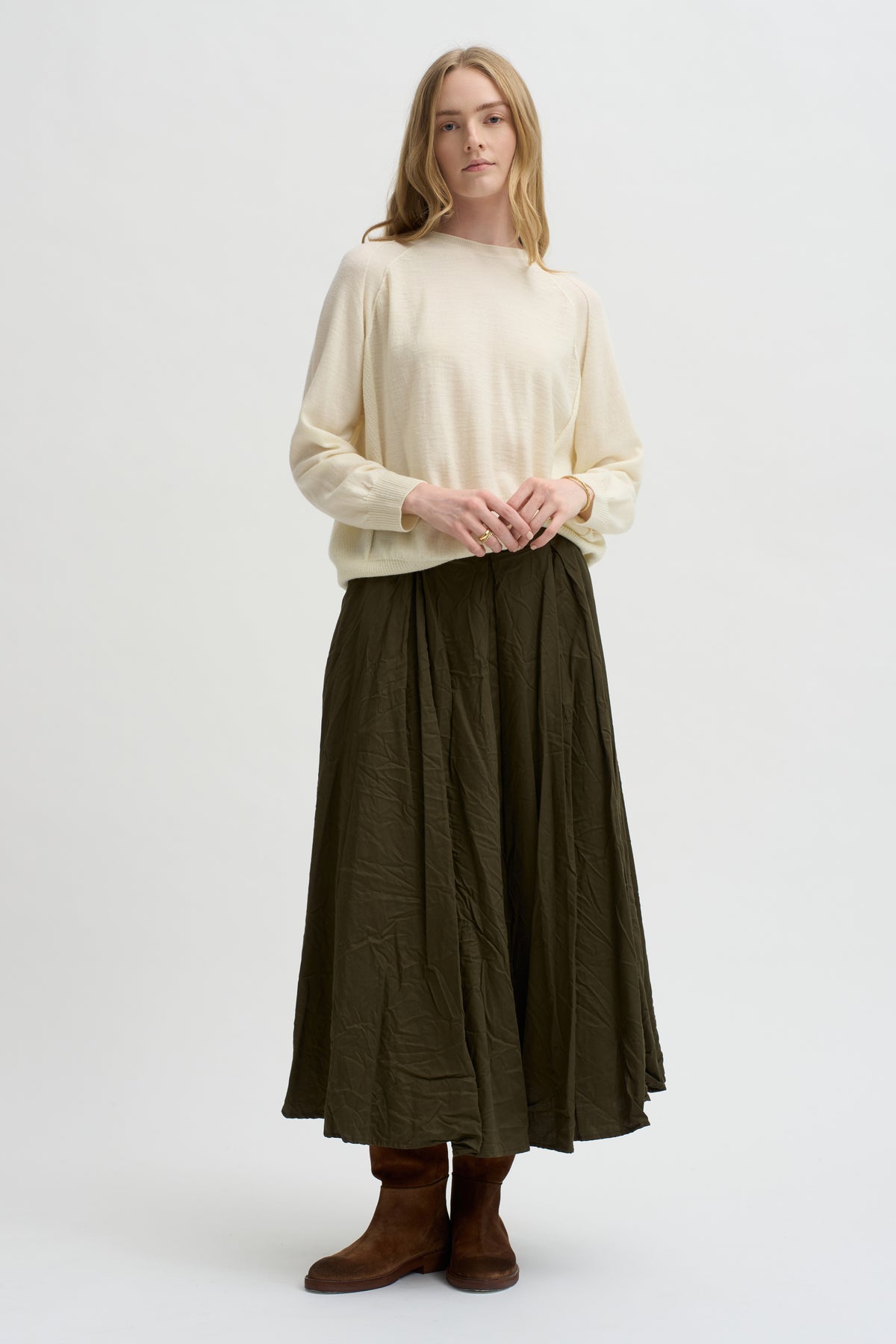 Flared Skirt Cotton Satin, Khaki