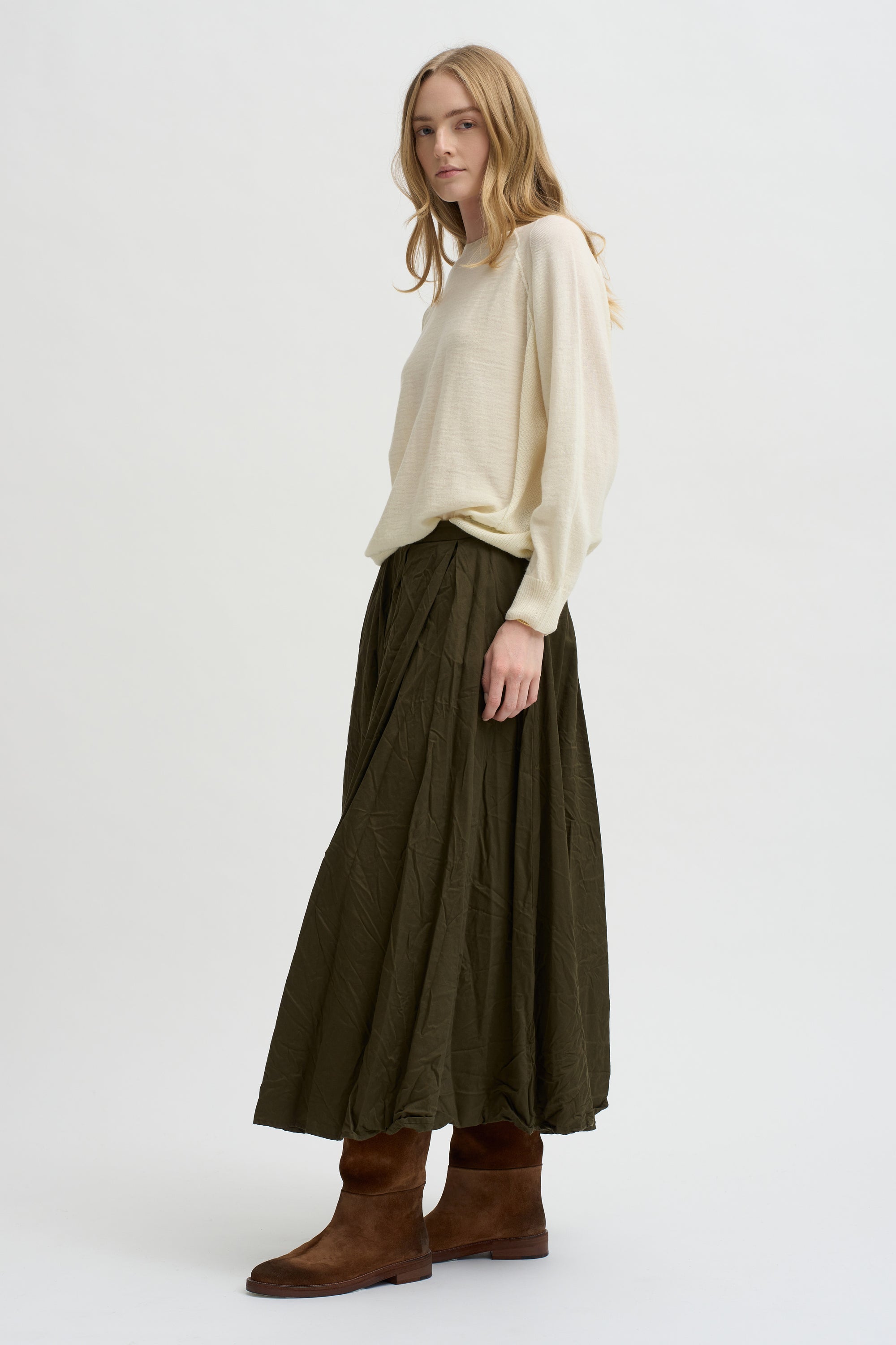 Flared Skirt Cotton Satin, Khaki