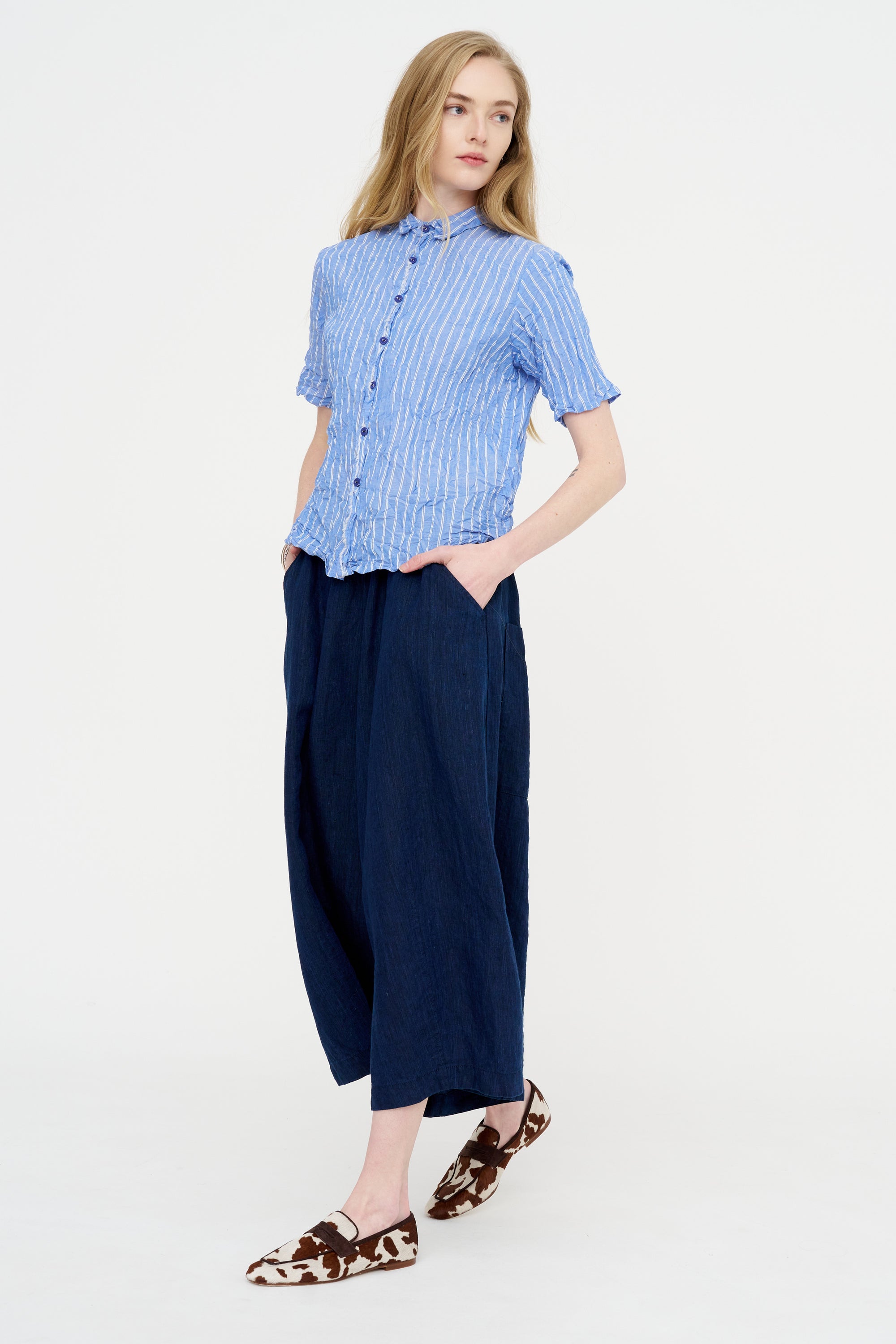 Linen Indigo Chambray Pants, Navy