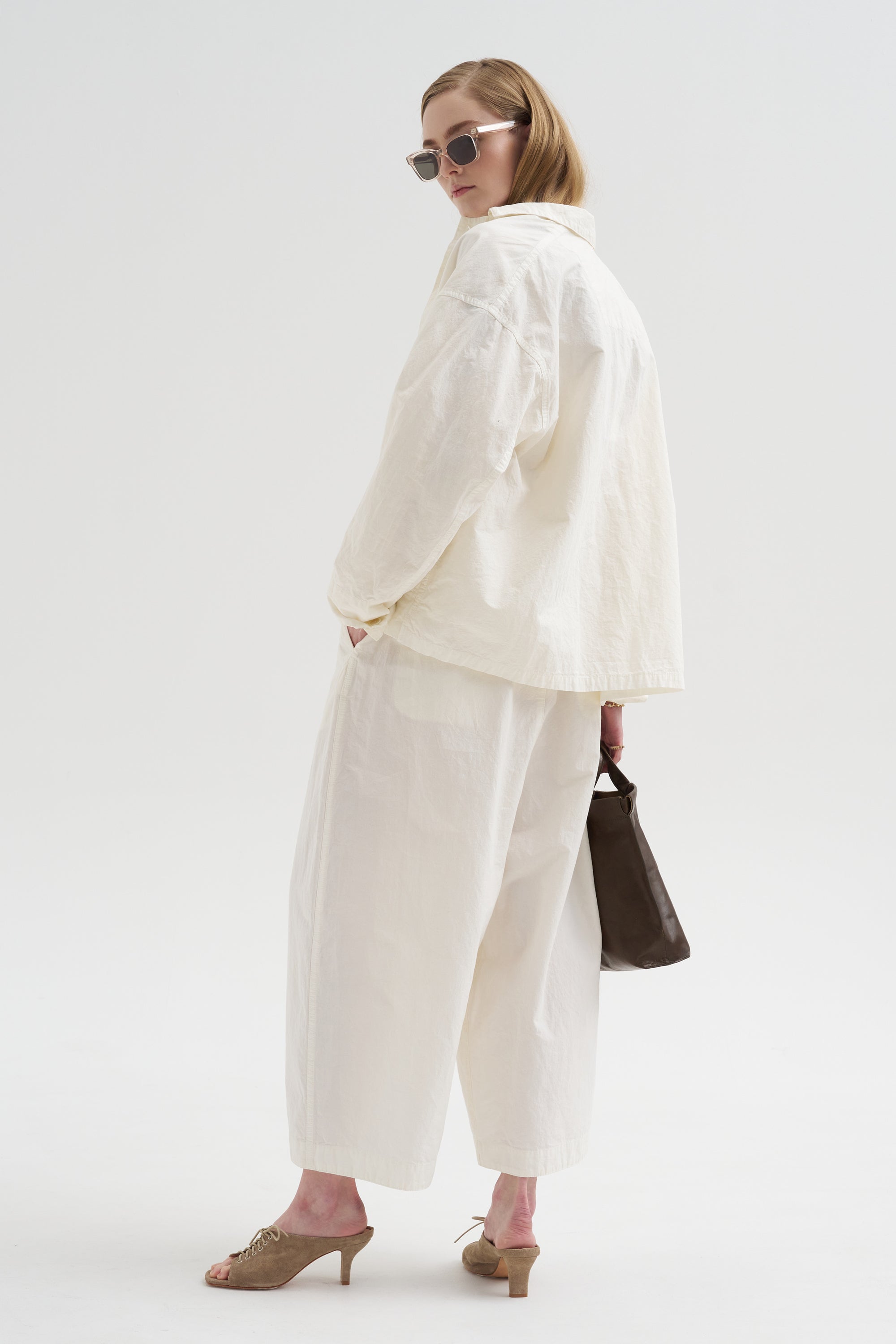 High Density Plain Weave Cropped Pants, Off White